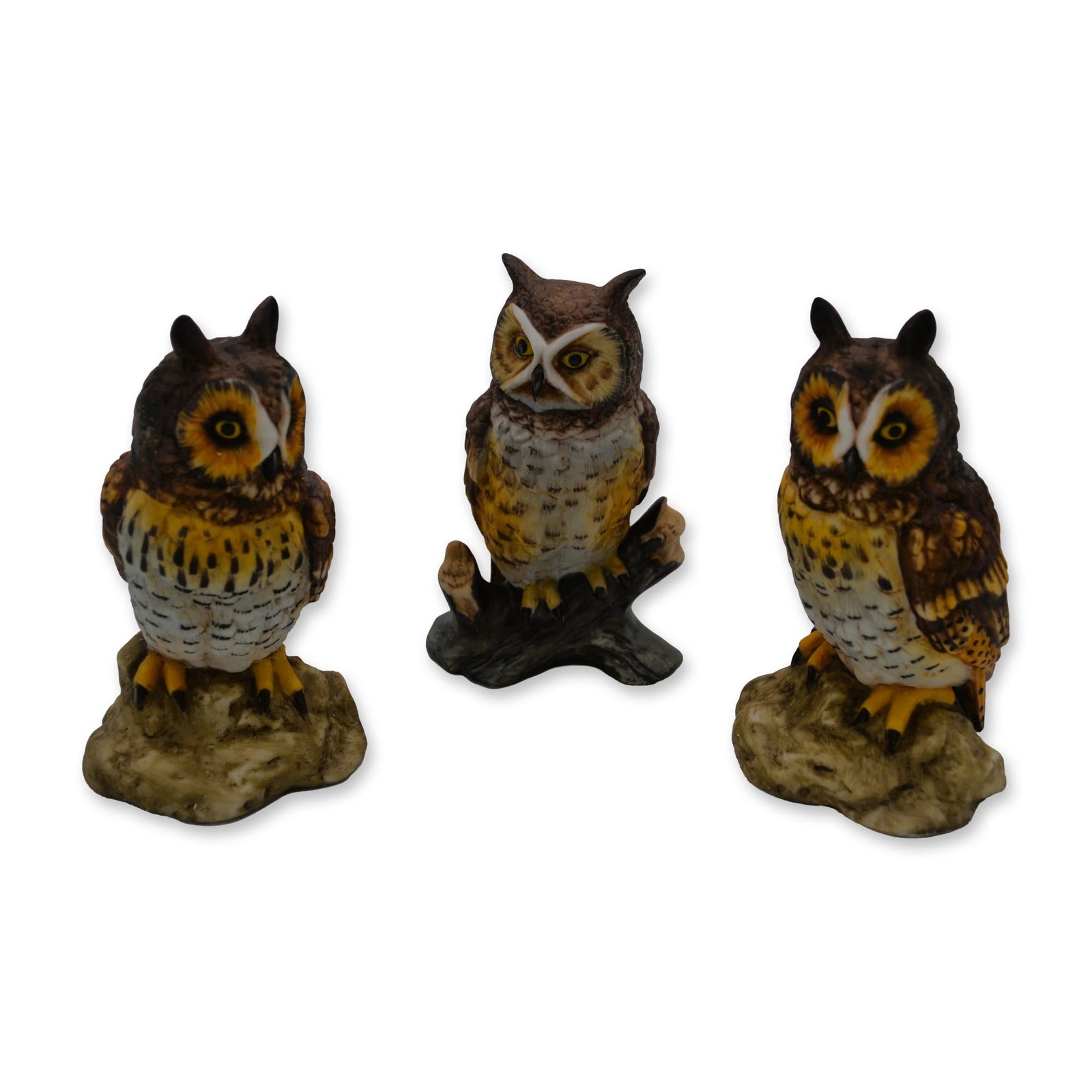 3Pc Stefani Porcelain Great Horned Owl And Long Eared Owl Collection Sculptures, 1980: Bisque Porcelain Decorated, hand created, hand painted by Artist Stefani, portraying a Three (3) Piece Collection of Porcelain Owl Sculptures. 1) Featuring the Long Eared Owl Porcelain Sculpture