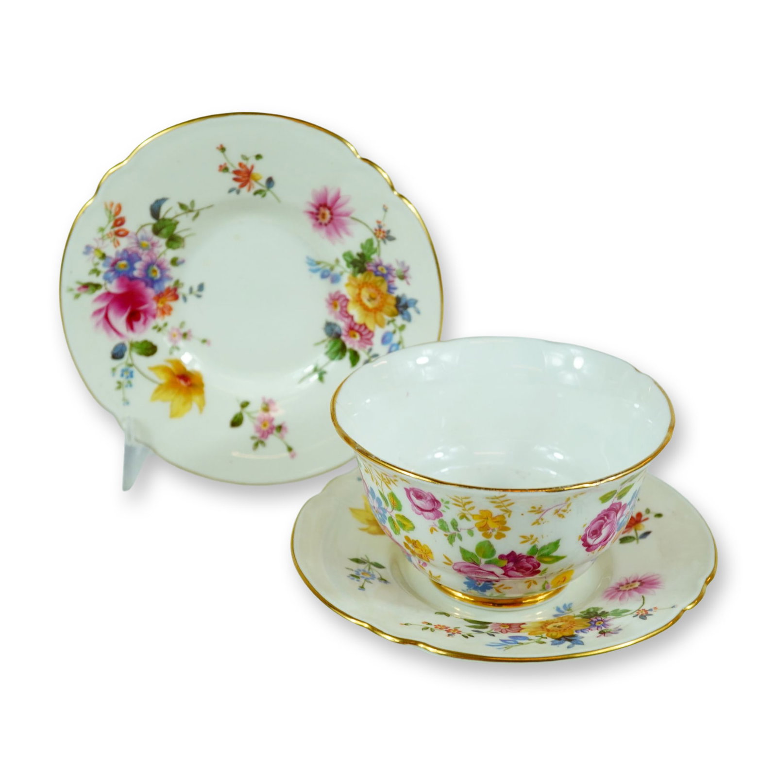 3pc Royal Stafford June Roses Bowl and Royal Crown Derby Derby Posies Saucers (1 of 3)