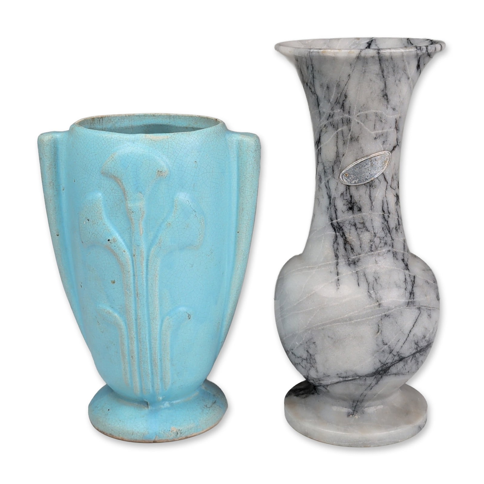 Two Ceramic and Marble Vases: The first is a carved marble grey and white veined vase featuring a trumpet rim and bulbous body on a pedestal foot, bearing an oval silver-tone label reading Made in Taiwan. The second is a ceramic v