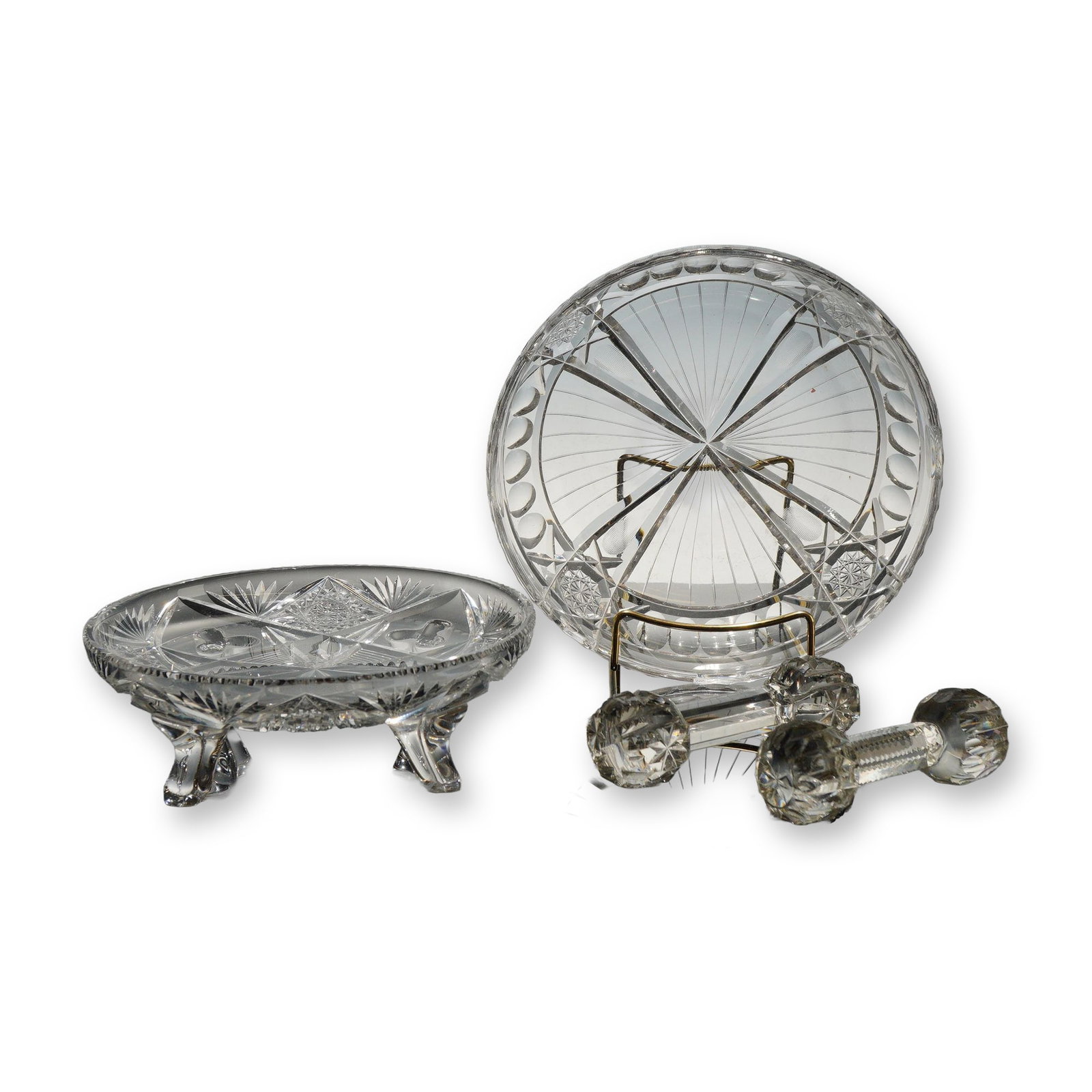 Four Pieces of American Brilliant Period Style Clear Cut Glass - Bowls and Knife Rest: This group of four clear glass items is executed in the American Brilliant Period style, characteristic of high-lead crystal produced between 1876 and 1917. The collection includes a shallow four-foot