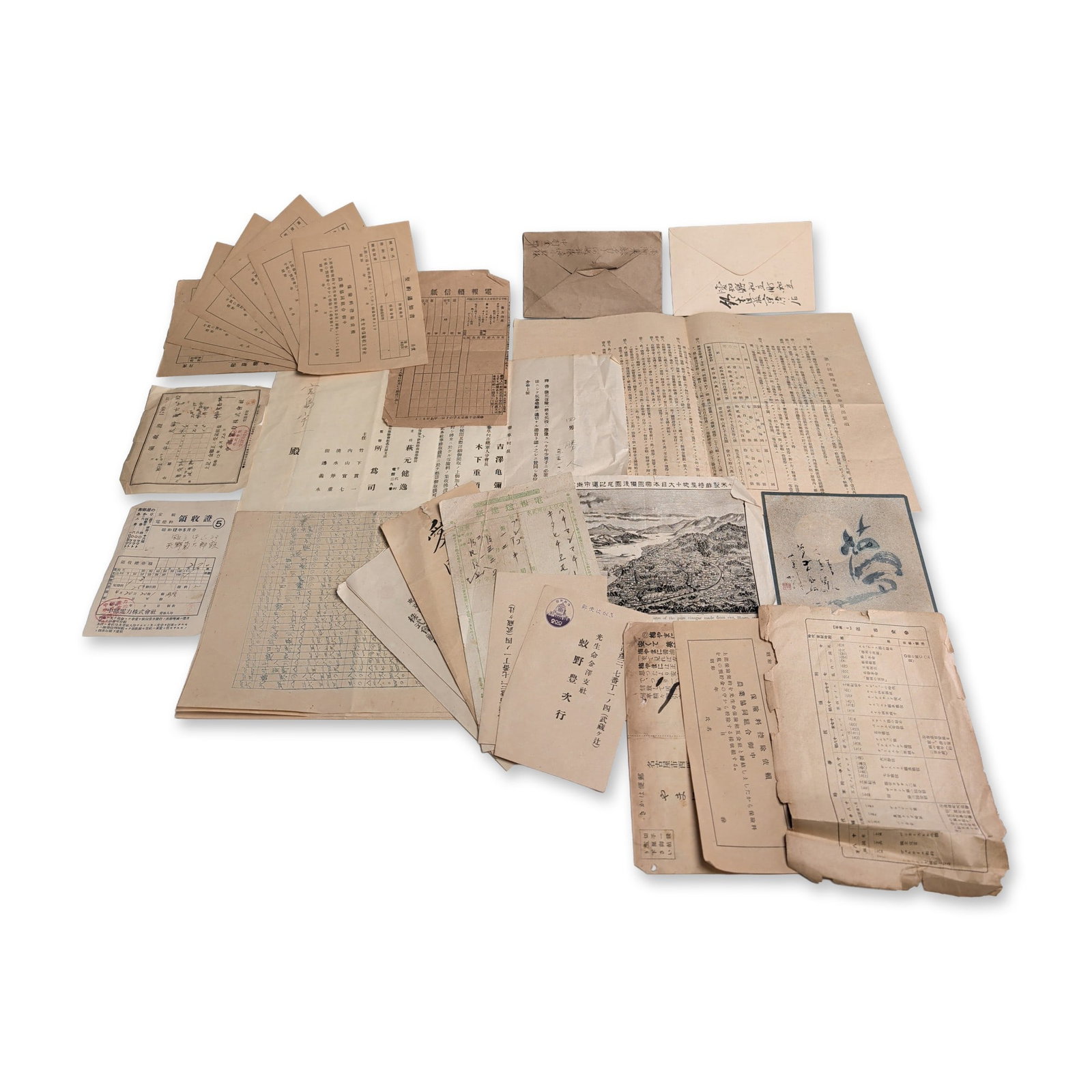 Japanese Showa Era Business and Military Ephemera Collection: Collection of Japanese paper ephemera from the early Showa period, primarily dated circa 1937. The group includes utility receipts from Chubu Electric Power Co., Ltd. dated April and May 1937, featuri