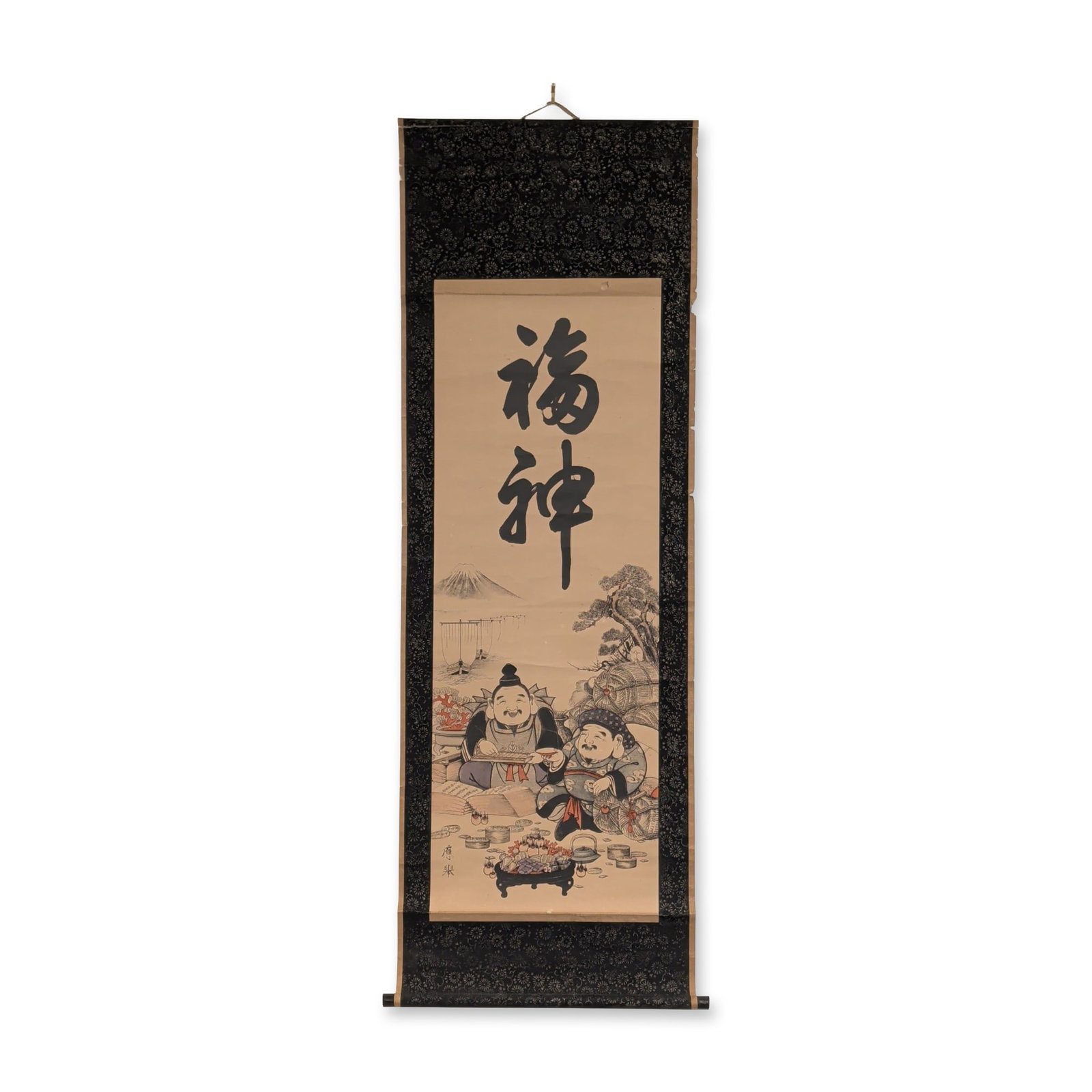 Japanese Meiji Period Lucky Gods Hanging Scroll, Lithograph on Rice Paper: Japanese Meiji period hanging scroll lithograph from a woodblock on paper depicting the lucky gods Ebisu and Daikokuten. The composition shows Daikokuten seated on rice bales holding a magic mallet an