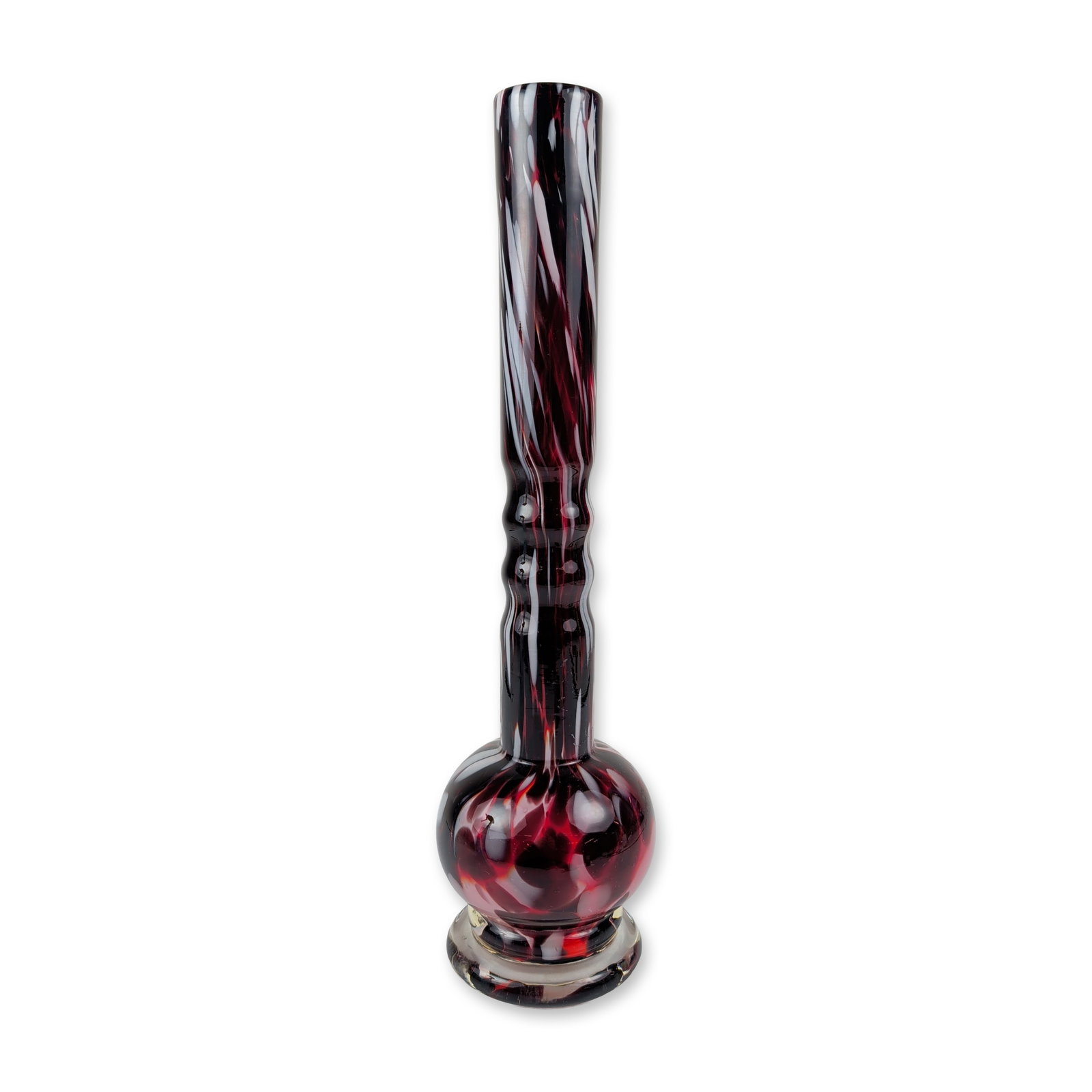 Contemporary Pulled Swirl Studio Art Glass Vase: Contemporary studio art glass vase in a monumental form with a long slender neck, three applied rings, a bulbous lower body, and a flared clear pedestal foot. Hand-blown construction featuring an inte
