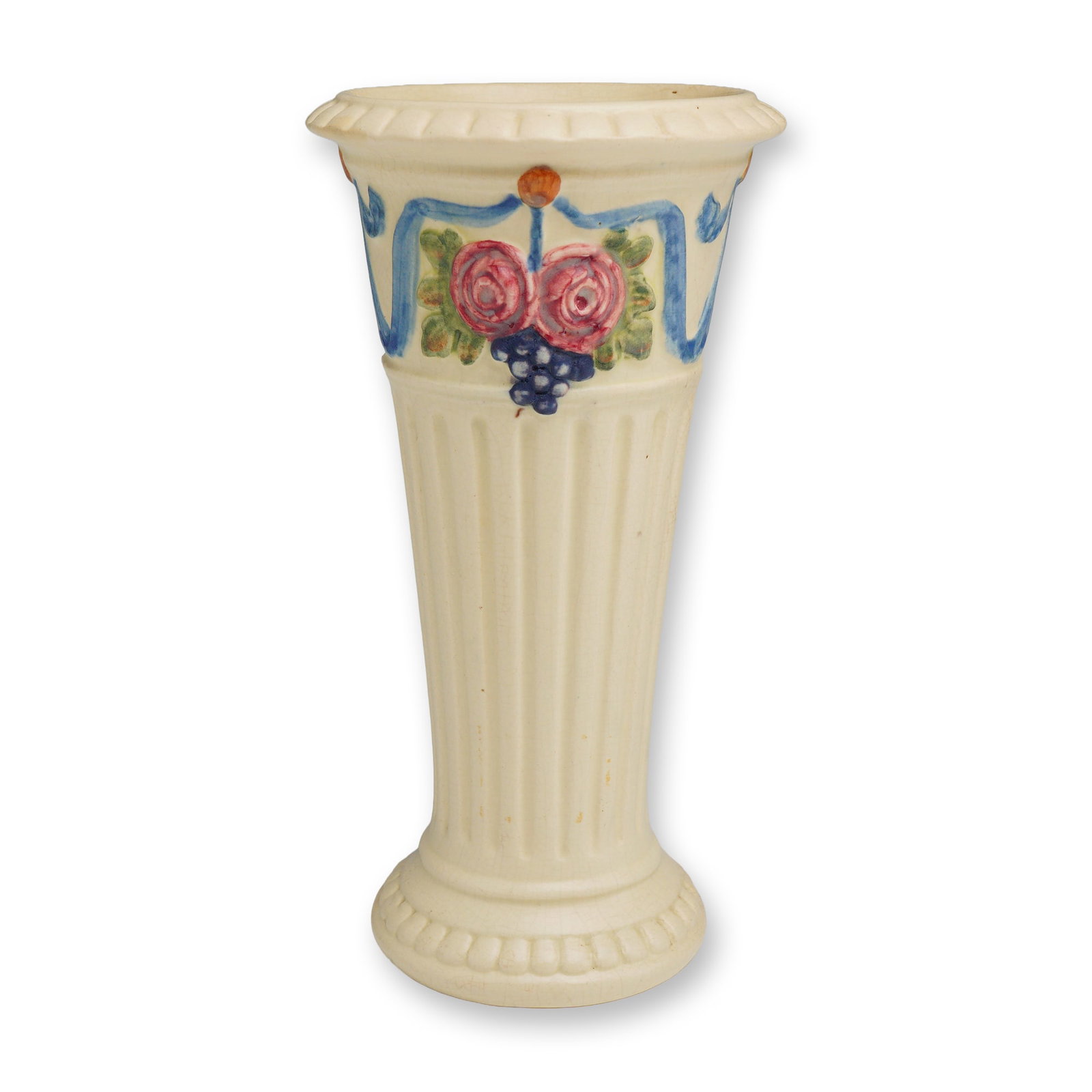 Weller Pottery Roma Vase: An American Art Pottery trumpet-shaped vase by Weller Pottery in the Roma pattern. The cream-colored ceramic body is designed with a classical fluted columnar neck rising from a flared, scalloped
