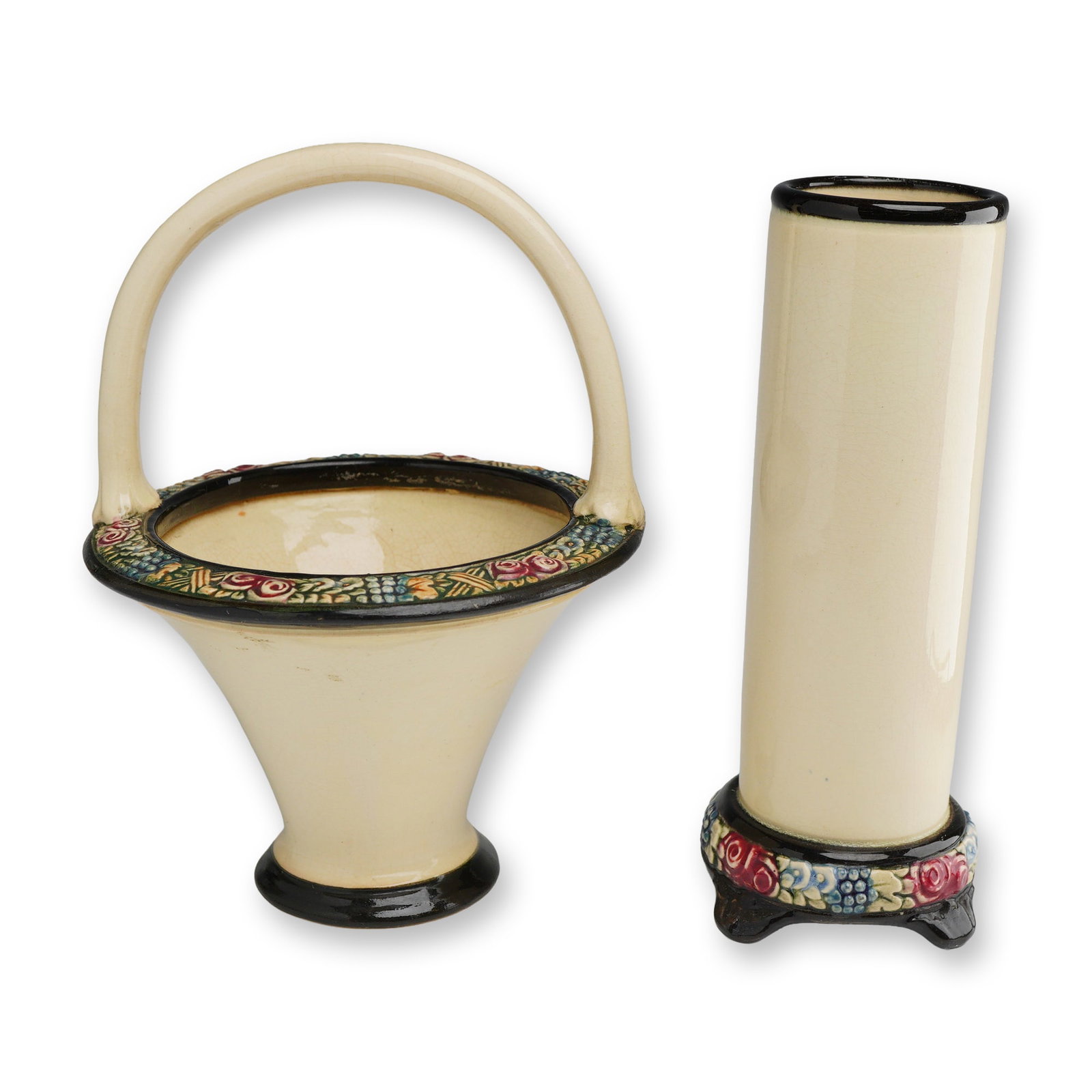 2pc Weller Art Pottery Tivoli Basket and Vase: A pair of American art pottery decorative items produced by Weller Pottery in the Tivoli pattern. The set comprises a flared basket with a high arched overhead handle and a tall cylindrical bud vase. 