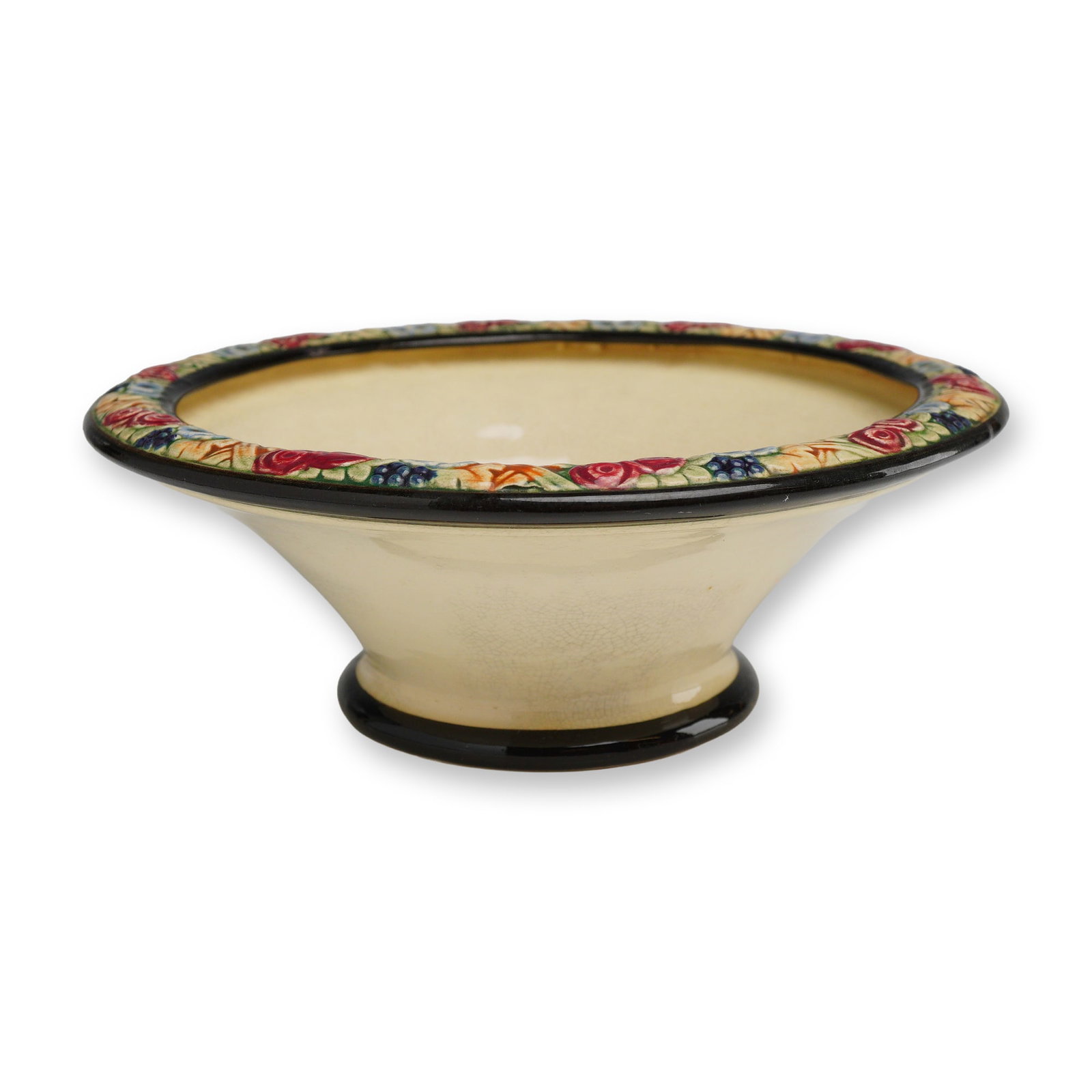 Weller Pottery Tivoli Console Bowl: A Weller Pottery Tivoli footed console bowl, expertly crafted in Zanesville, Ohio, featuring a warm ivory-toned body and a wide, flared rim. The primary design consists of a lush, molded relief