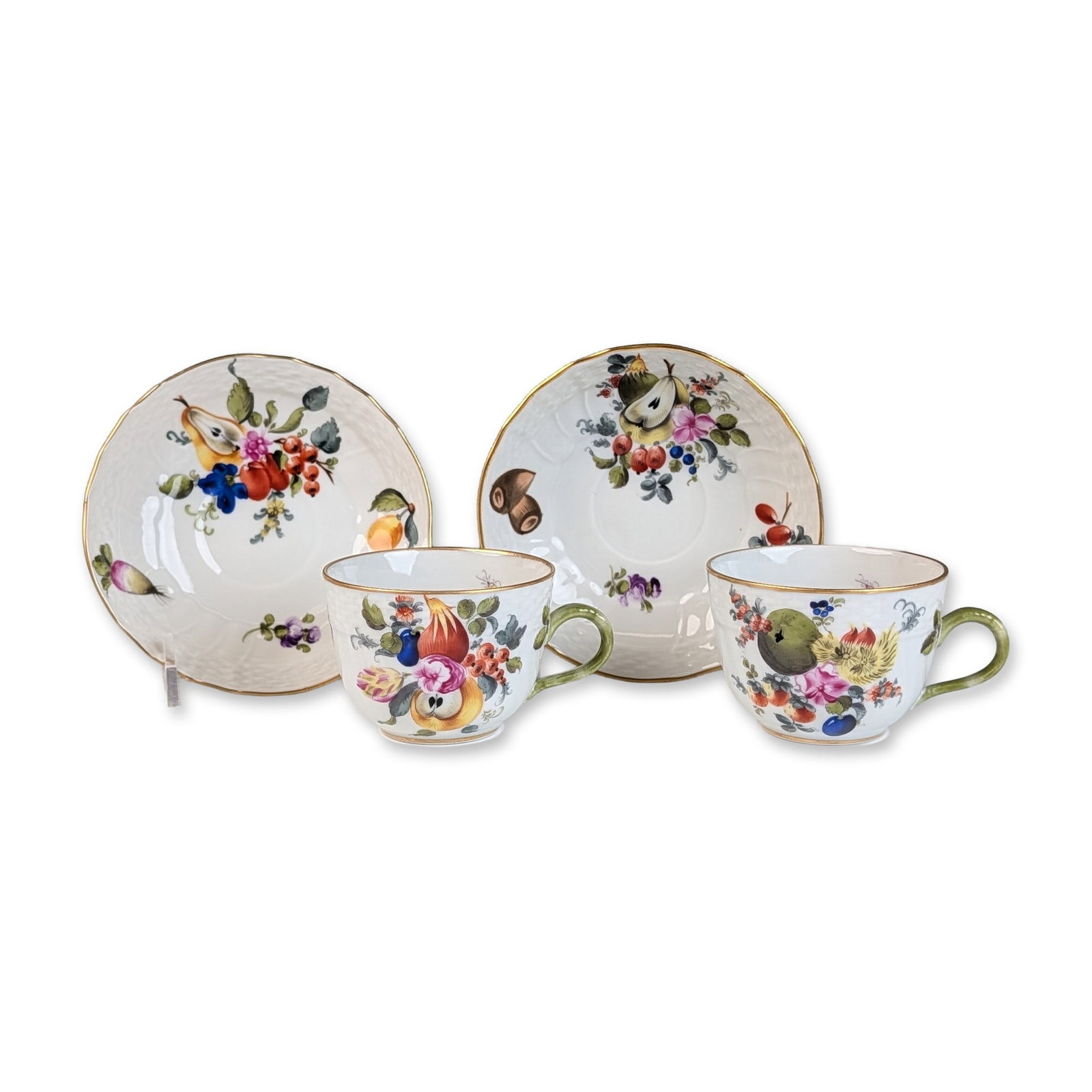 4pc Herend Hungary Porcelain Fruits and Flowers Cup and Saucer Sets: Herend porcelain cups and saucers in the Bouquet de Fruits et de Fleurs (BFR) pattern. Each piece features hand-painted polychrome enamel decoration of various fruits, floral sprays, and scattered ins