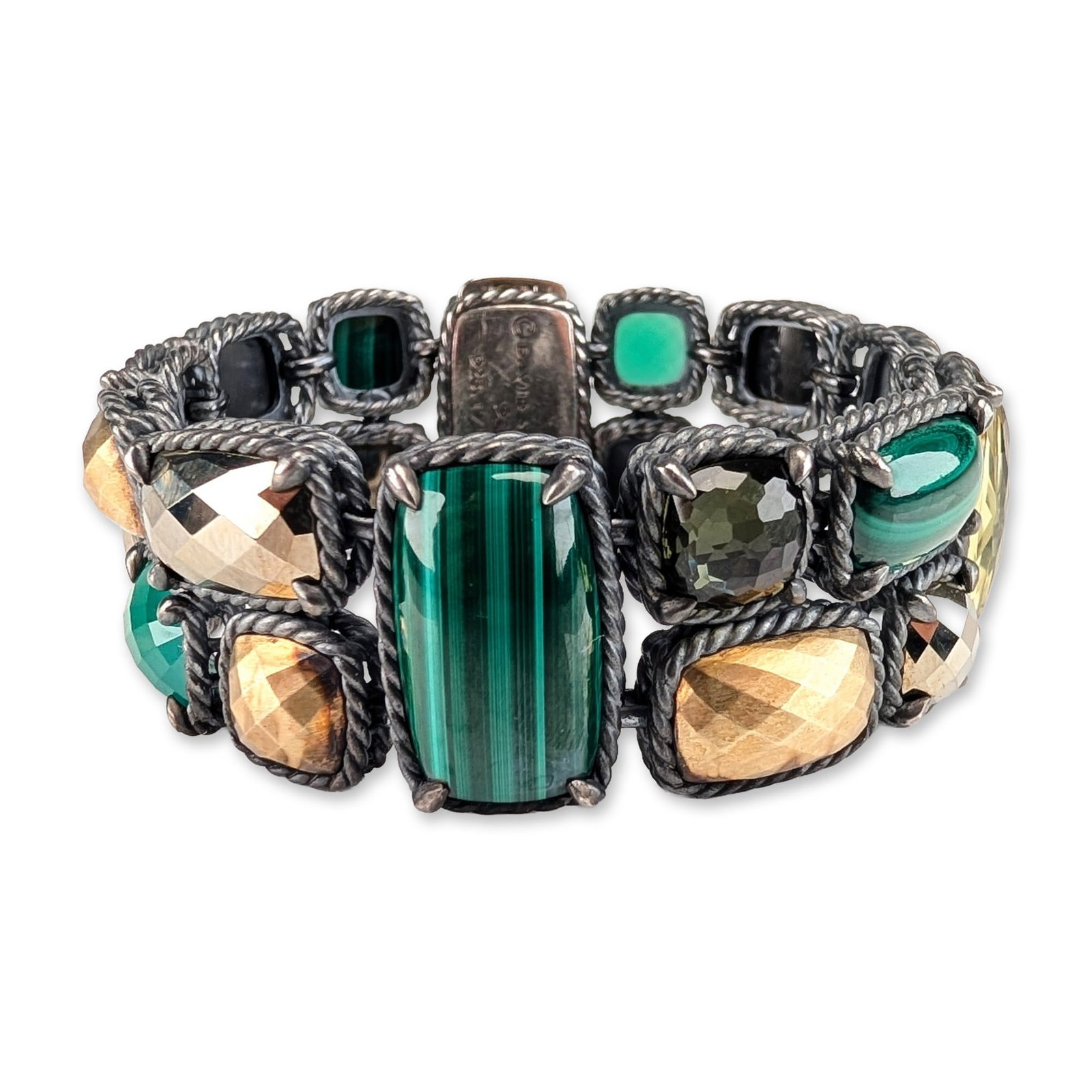 David Yurman Sterling Silver and 18K Bonded Gold Mosaic Bracelet: David Yurman wide double-row link bracelet in sterling silver, featuring a mosaic arrangement of varied gemstones. The design includes faceted smoky quartz, banded green malachite cabochons, and trans