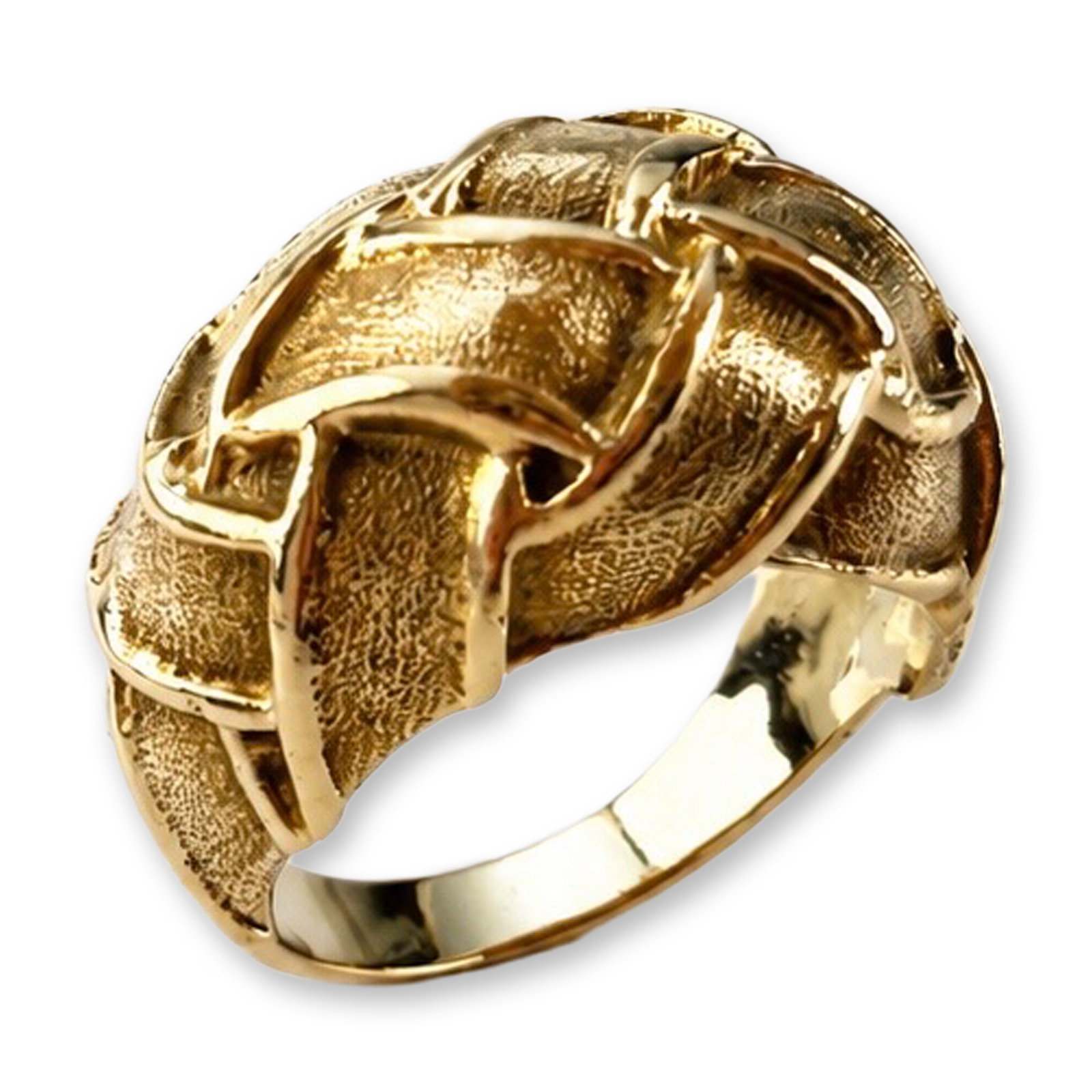 14K Yellow Gold Quilt Dome Ring: Quilt dome ring in 14 karat yellow gold, featuring a stippled nugget texture overlaid with an architectural interlaced pattern of polished gold bands. The textured head tapers into a solid polished sh