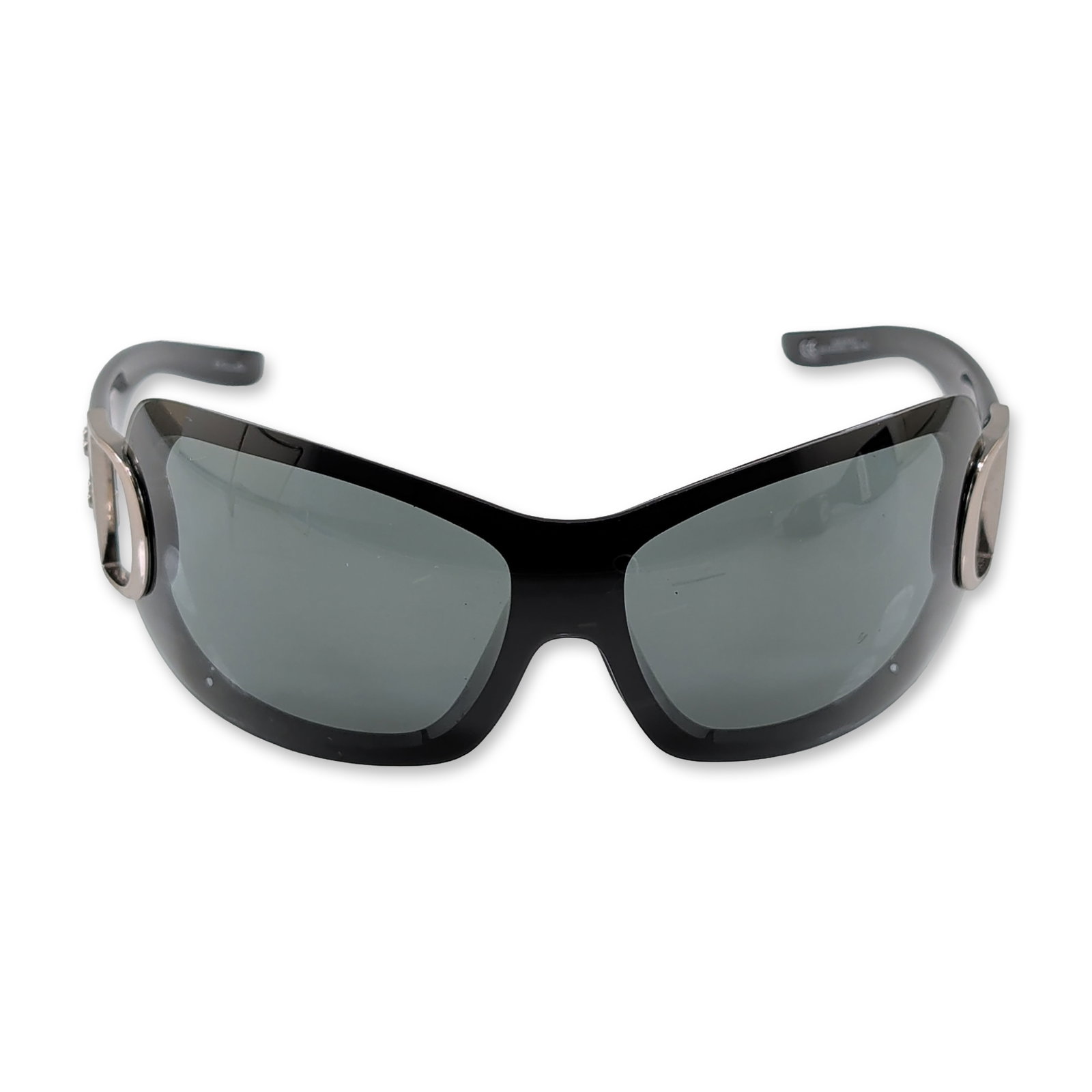 Christian Dior Airspeed 2 Black Shield Sunglasses: Christian Dior Airspeed 2 shield sunglasses in black composite with silver-tone hardware. The wrap-around frames feature a single-piece grey tinted shield lens. The temple arms are joined to the frame