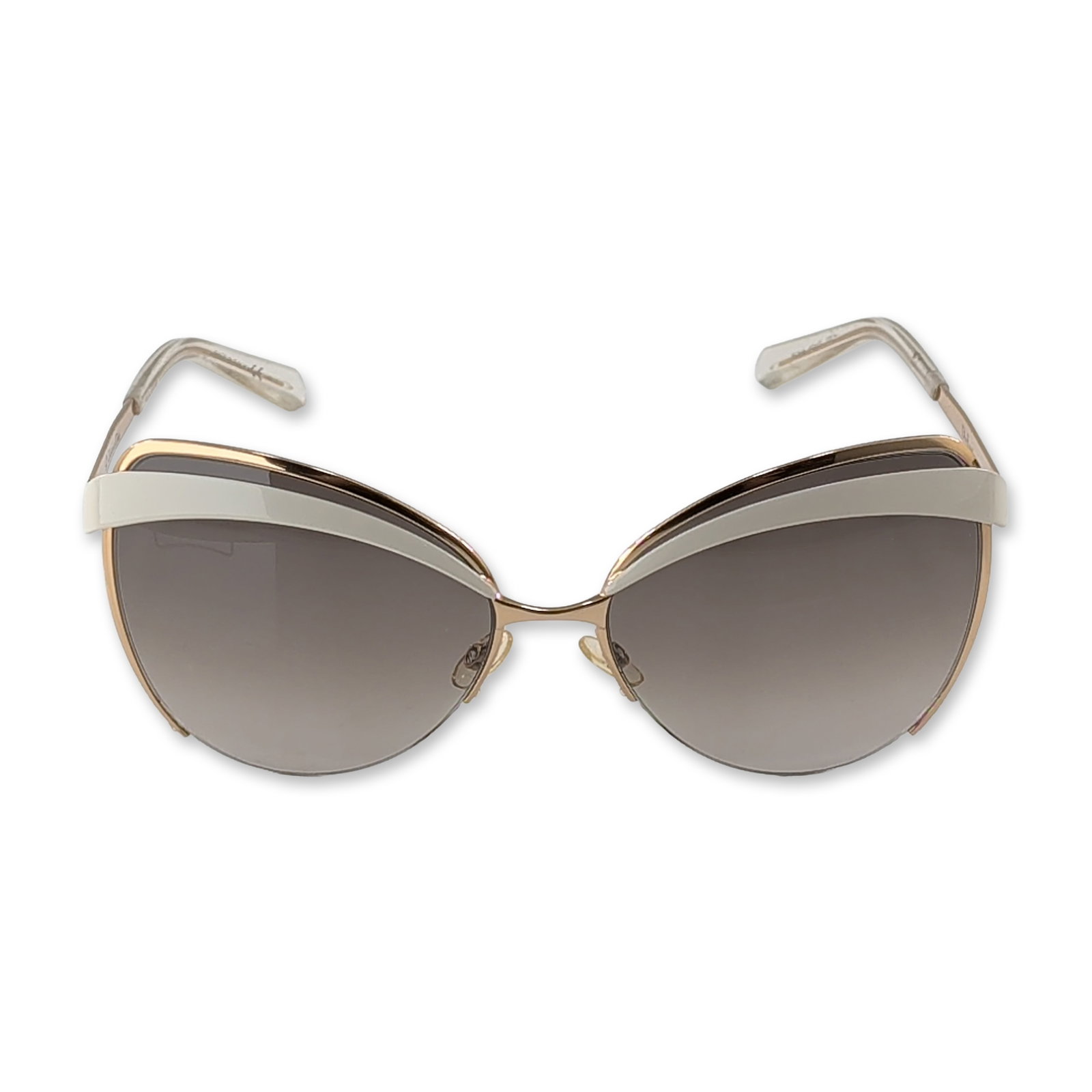 Christian Dior Eyes 1 White Gold-Tone Sunglasses: Christian Dior cat-eye sunglasses in gold-tone metal with white tiered accents along the brow line and gradient tinted lenses. The exterior left temple is marked Dior. The interior right temple bears 