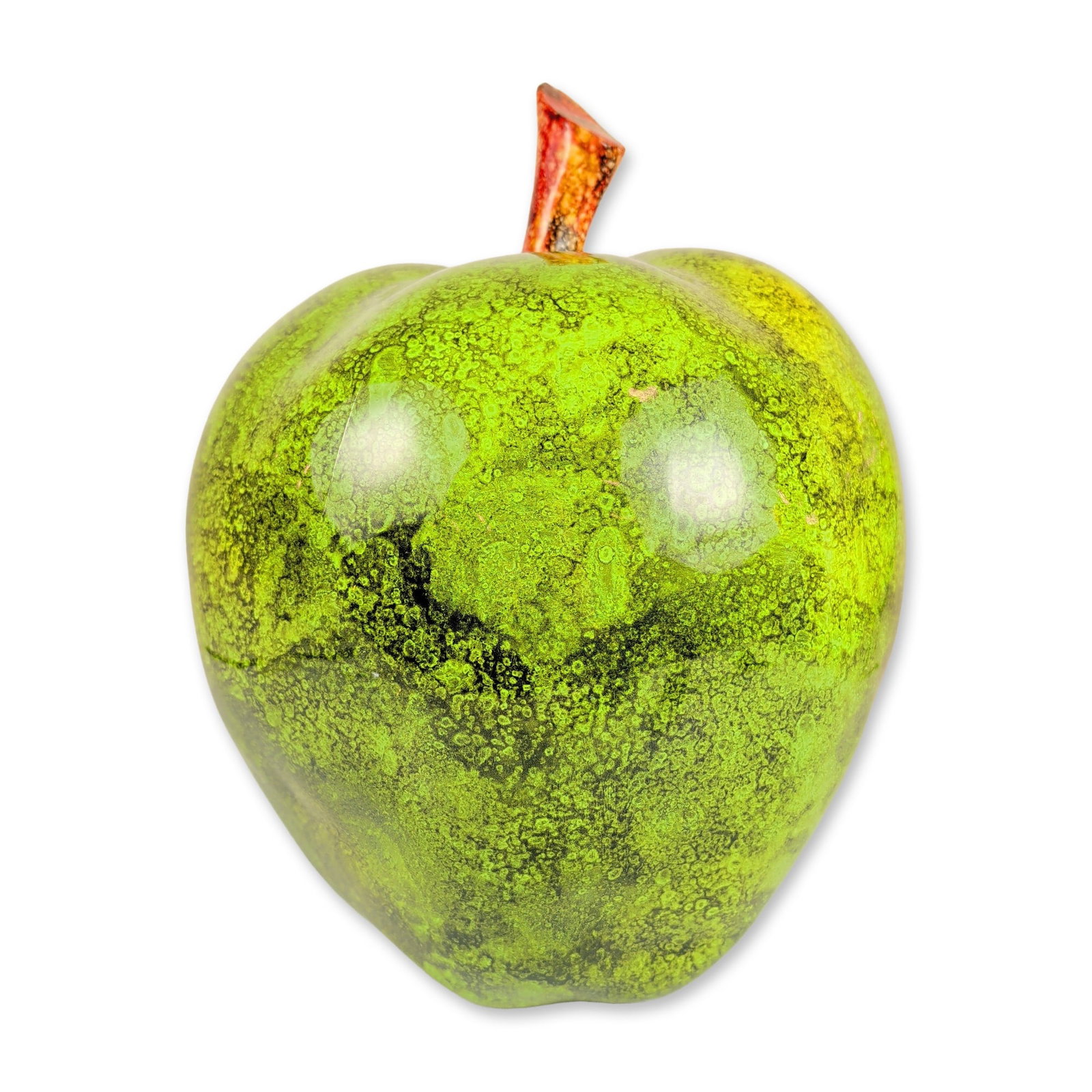 Mamalu Wood Handcrafted Art Wood Apple Sculpture: This contemporary hand-carved solid wood apple sculpture showcases a vibrant, high-gloss mottled green and black lacquered finish accented by a stylized, organically contoured orange and red stem. Sou