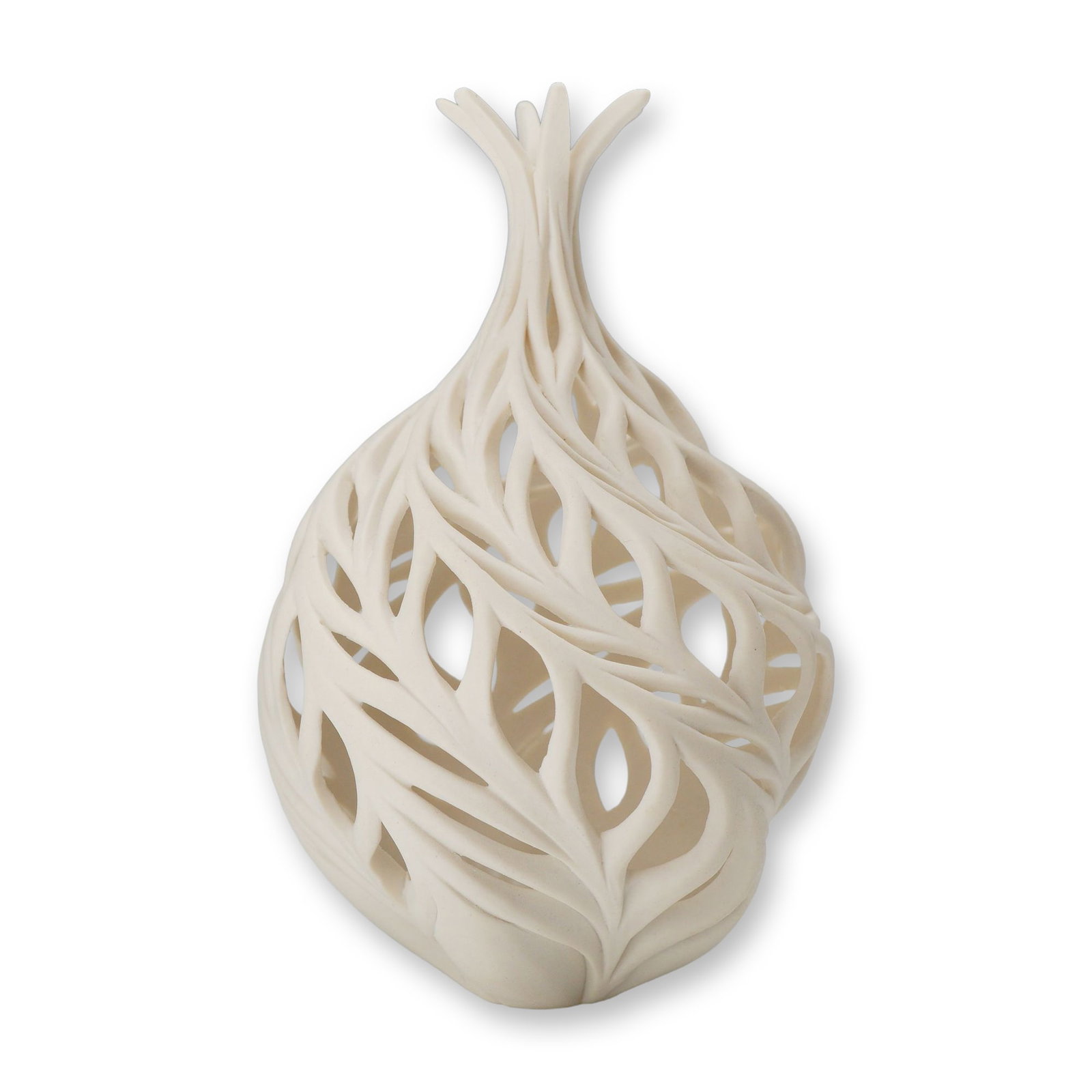 Jennifer McCurdy Carved Porcelain Sculptural Gourd Vessel: A contemporary sculptural vessel by artist Jennifer McCurdy, featuring a bulbous organic form referred to as a gourd or onion nest. The piece is crafted from fine white porcelain and features intricat