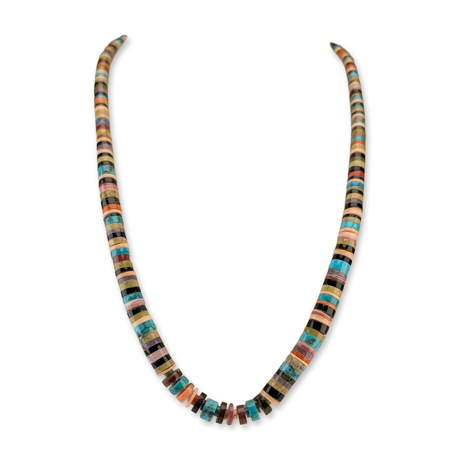 Southwestern Sterling Silver Multi-Stone Heishi Necklace: Southwestern style multi-stone heishi bead necklace featuring a single strand of disc-cut beads in a variety of natural materials. The colorful composition includes turquoise, orange spiny oyster, bla