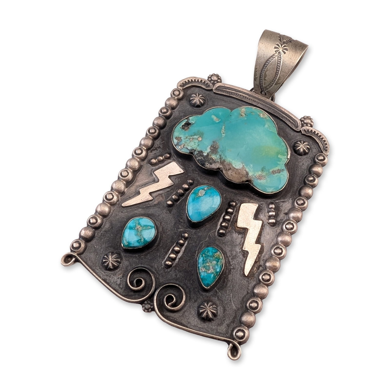 Randall Tom Navajo Sterling Silver Turquoise Pictorial Pendant: Randall Tom Navajo pictorial pendant in sterling silver and turquoise, featuring a storm motif. The rectangular pendant is constructed with an oxidized silver background set with a large hand-cut turq