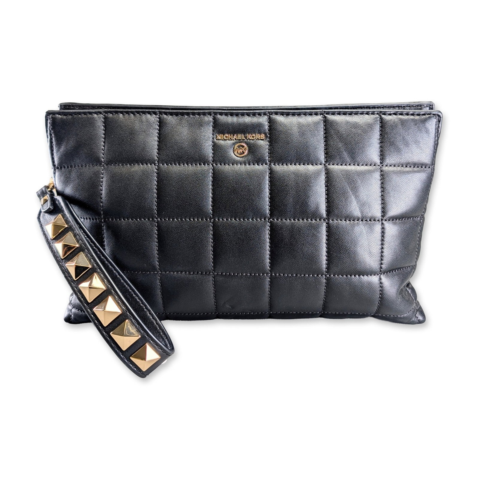 Michael Kors Black Quilted Leather Studded Wristlet Clutch: Michael Kors quilted leather wristlet clutch in black, featuring a square-grid pattern and two zippered compartments joined by a central open slip pocket. The exterior features gold-tone hardware incl