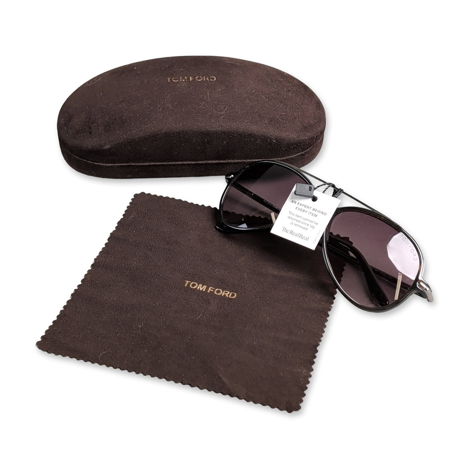 Tom Ford Ramone TF149 Aviator Sunglasses with Case: Tom Ford sunglasses, Ramone TF149 model, featuring a modified aviator silhouette with gunmetal-tone metal frames and black acetate rims. The construction includes a double bridge and thin metal temple