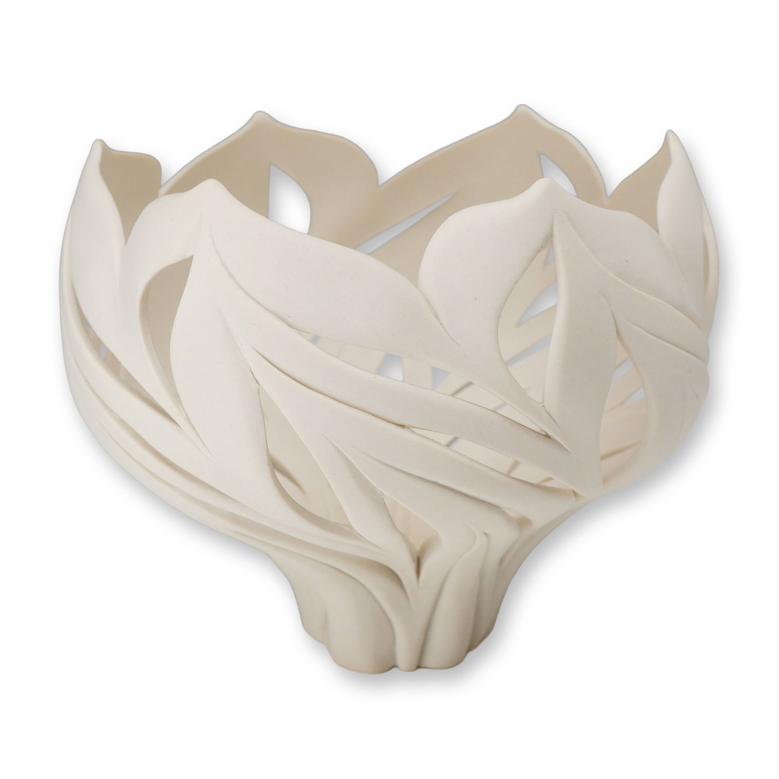 Jennifer McCurdy Carved and Reticulated Bisque Porcelain Sculptural Bowl: This contemporary sculptural vessel is the work of Jennifer McCurdy, crafted from fine white bisque porcelain with a matte, unglazed finish. The form is a bulbous bowl featuring a complex, open-worked
