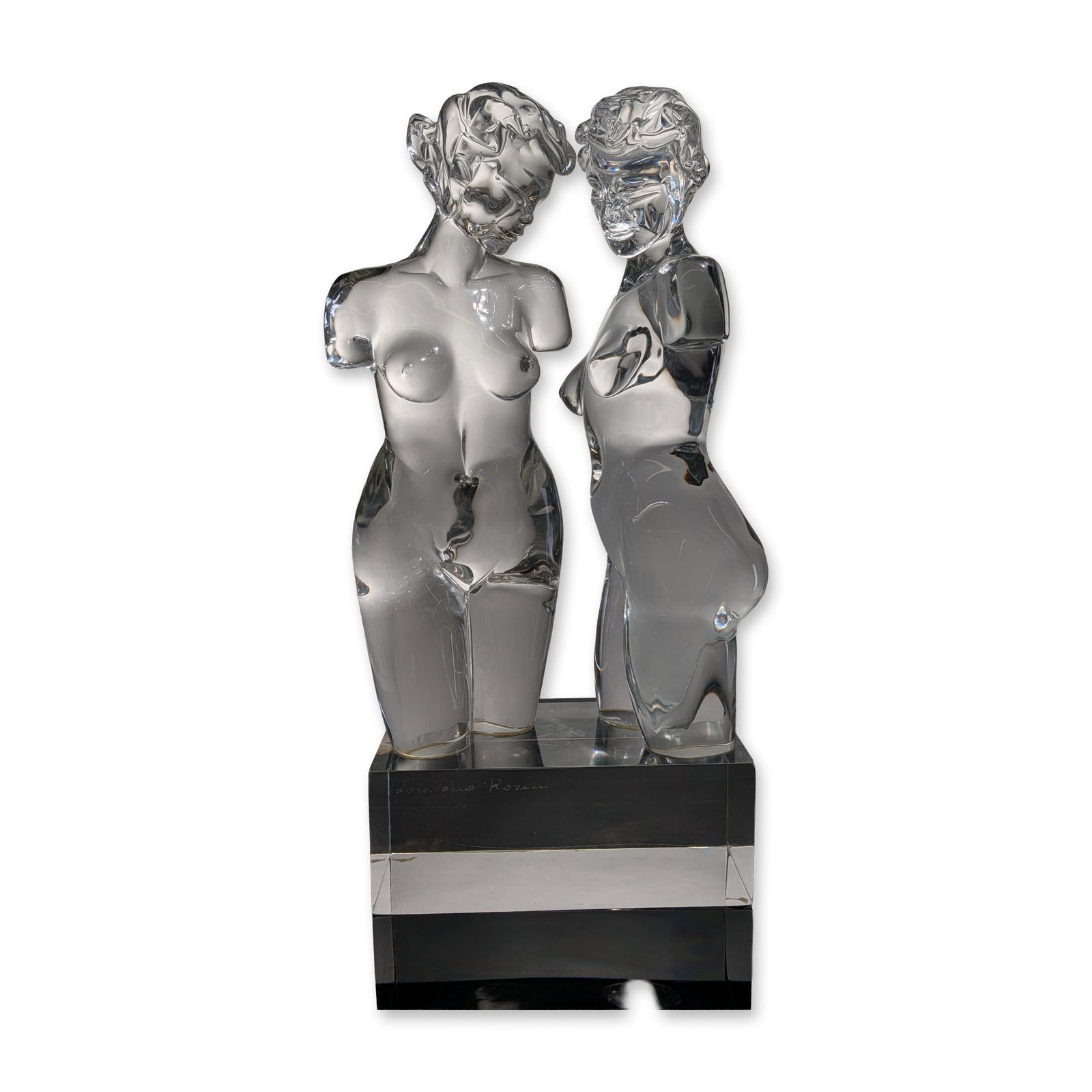 Loredano Rosin (Italian, 1936-1992) Murano Glass Nude Females Sculpture, Signed: Loredano Rosin solid clear Murano glass sculpture depicting two stylized nude females. One figure is positioned frontally while the other is oriented from the rear, with heads bowed to touch at the cr