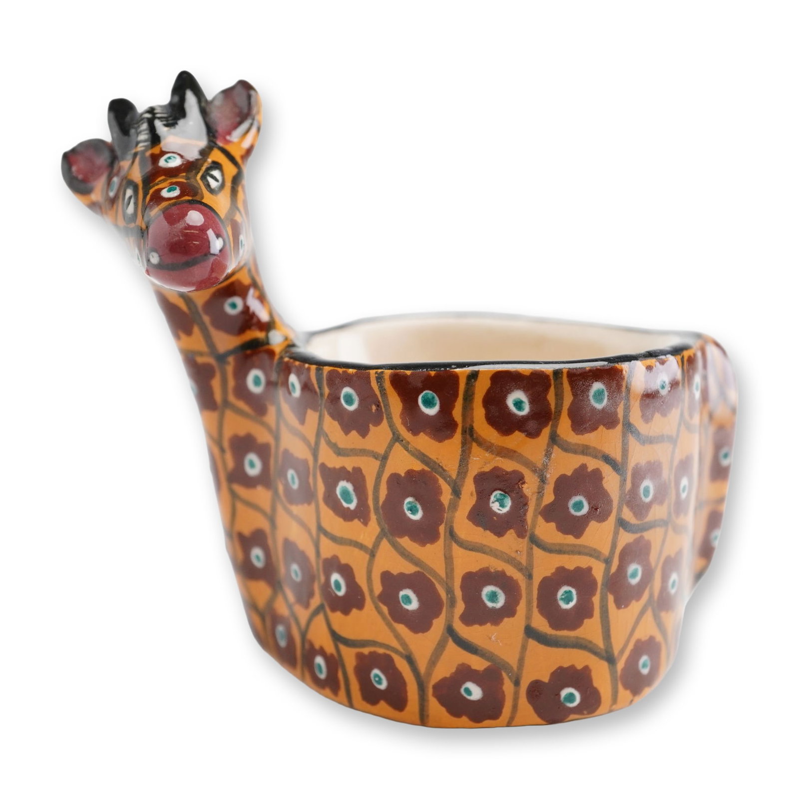 Ardmore Studio African Ceramic Giraffe Egg Cup: A ceramic egg cup by Ardmore Ceramic Art, a South African studio known for wildlife-inspired ceramics produced through a collaborative studio model with Zulu and Zimbabwean artisans. This giraffe-form