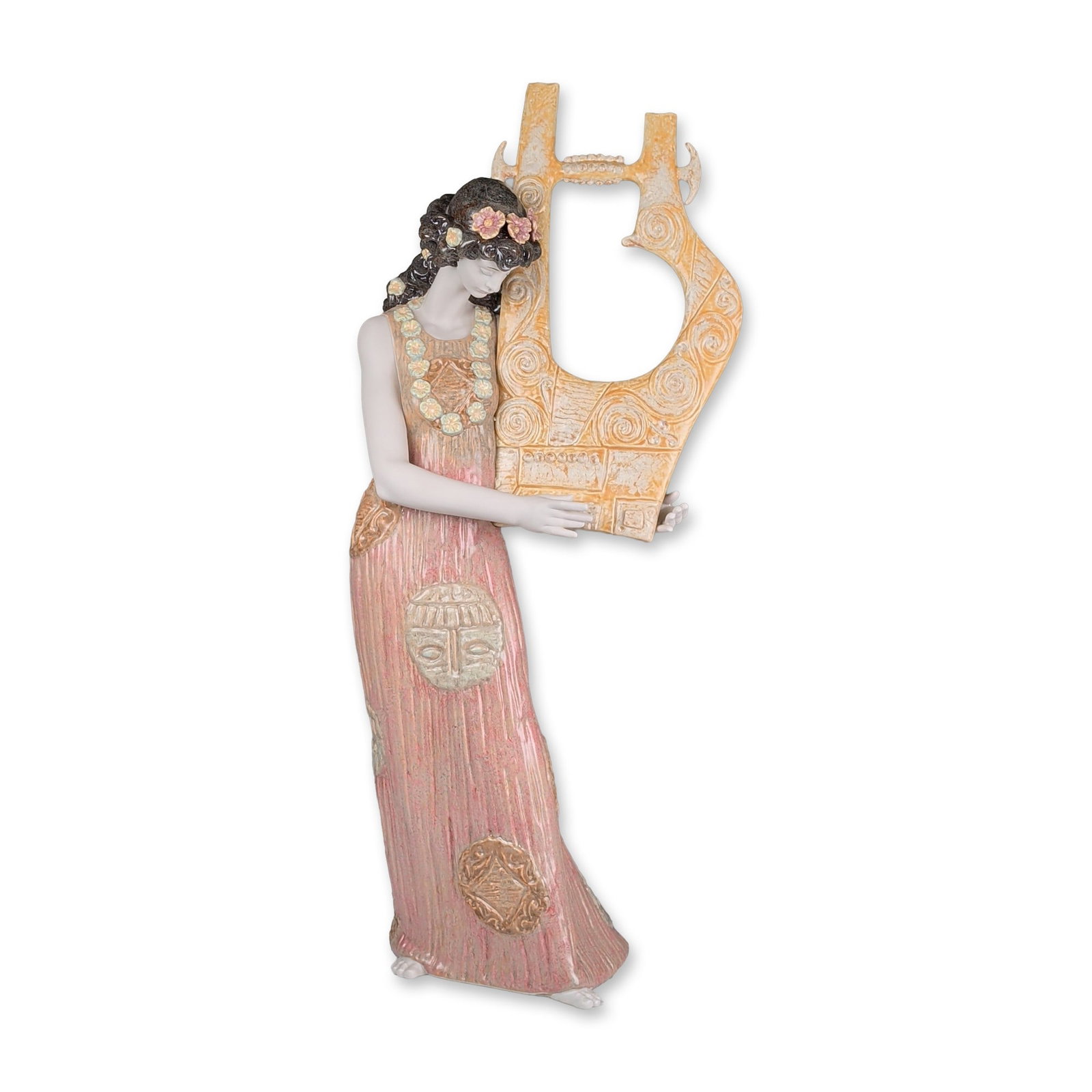 Lladro Limited Edition Porcelain Sculpture, Cadence 01001872: Spanish Lladro polychrome limited edition, 366 of 1000, porcelain sculpture depicting a muse with an ornate lyre, featuring bisque porcelain skin and hair. The figure wears a textured pink gown decora