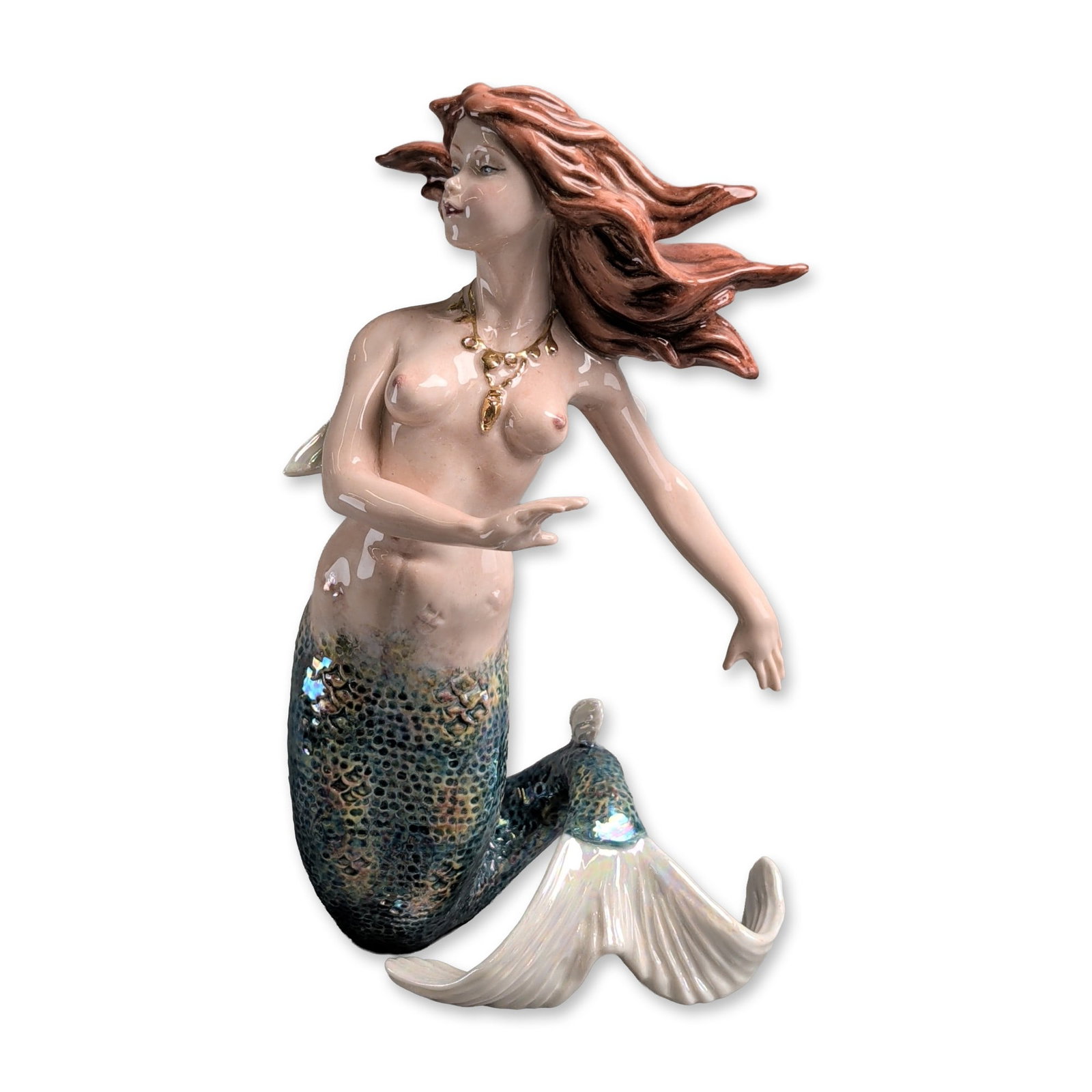 Royal Doulton Tales of the Sea Prestige Porcelain Figurine, Siren HN4693: Limited edition 10 out of 250. Depicting a mermaid in a swimming pose. The figure is constructed with a pale flesh-toned torso, flowing reddish-brown hair, and small fins on the arms and back. The low