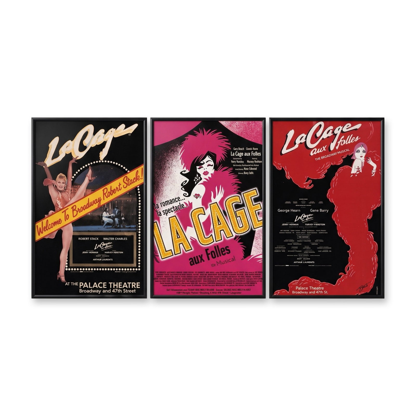 3pc La Cage aux Folles The Musical Assorted Promotional Broadway Posters: This collection contains original playbill-style window cards and promotional advertisements representing multiple New York runs and revivals of the production. The posters document specific historica