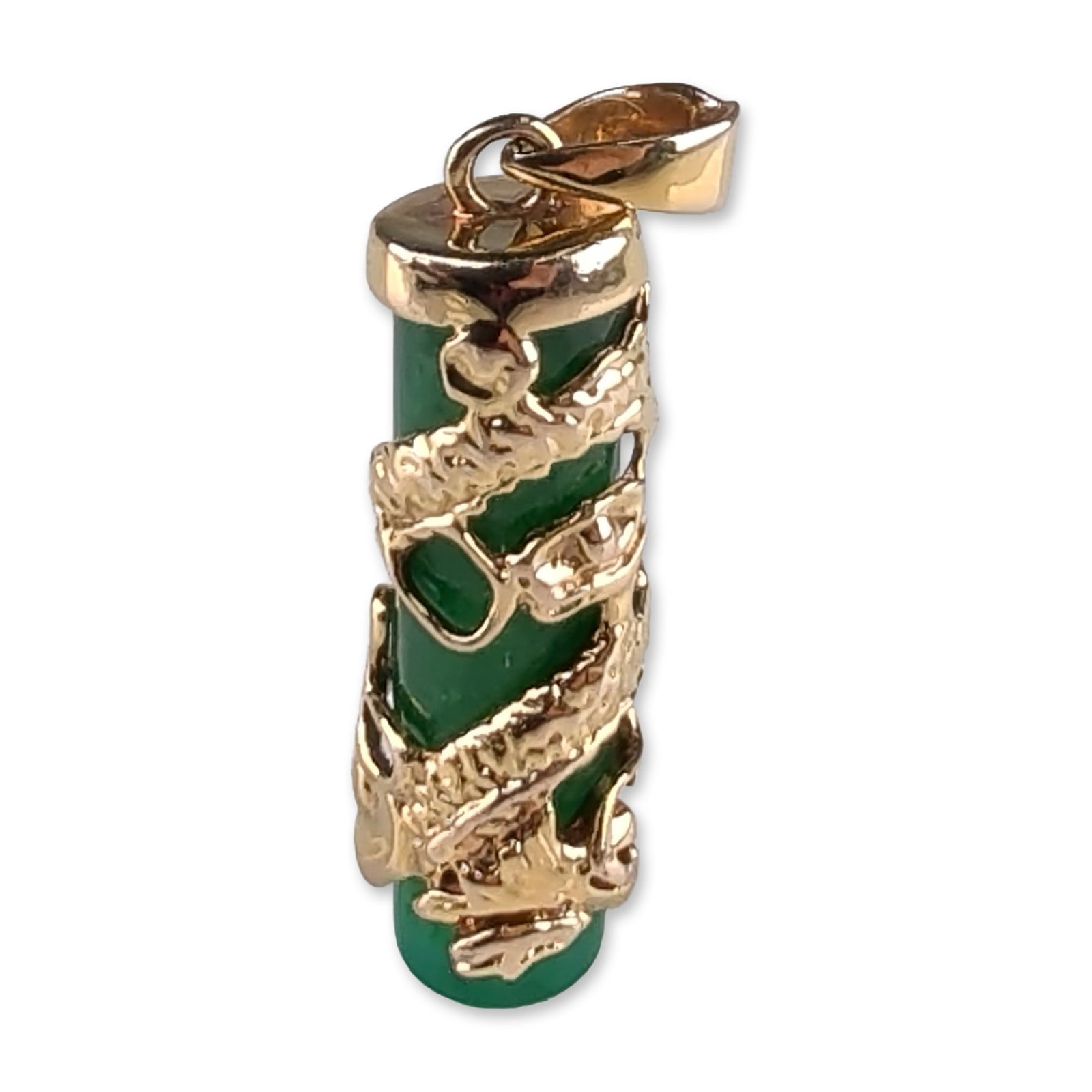 Vermeil Sterling Silver and Jade Dragon Pendant: A vermeil sterling silver and jade pendant, featuring a translucent green stone cylinder or pillar wrapped in a three-dimensional dragon motif. The green stone exhibits natural inclusions and color va