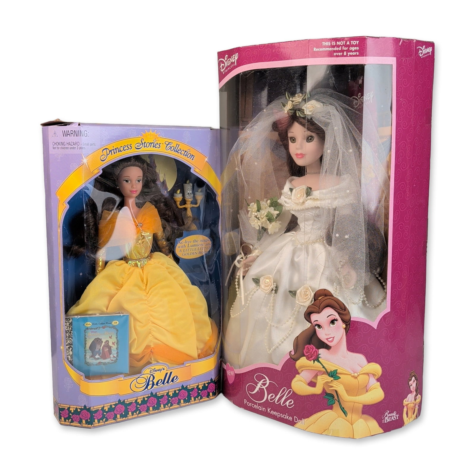 Two Mattel and Brass Key Disney's Belle Princess Stories Dolls: The first is a Disney Princess Porcelain Keepsake Doll, depicting Belle in a wedding gown. The doll features a porcelain head, hands, and feet with a soft body, dark brown rooted hair, and fixed paint