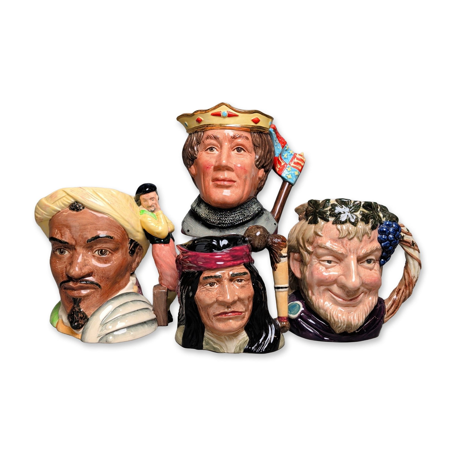 4pc Royal Doulton Shakespearean and Wild West Ceramic Figurines: A group of four Royal Doulton glazed ceramic character figurines, each depicting a historical or literary figure. The collection includes two pieces from the Shakespearean Collection: Henry V in a cro