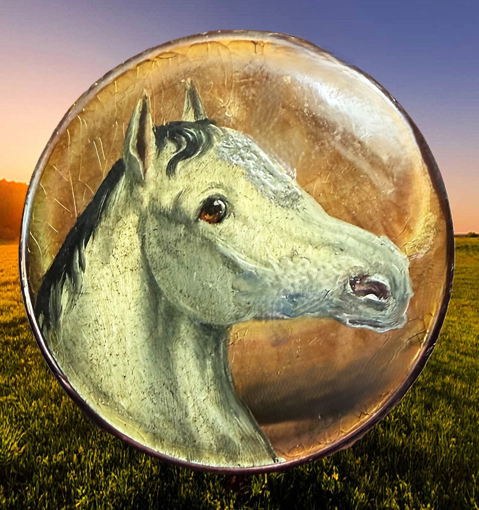 A VERY RARE VERNIS MARTIN SPORTING BUTTON: 1 Medium size 19th century hand painted shell horse button. This button from a larger set is incredibly detailed and hand painted in the Vernis Martin style. Vernis Martin paintings were a style of pa
