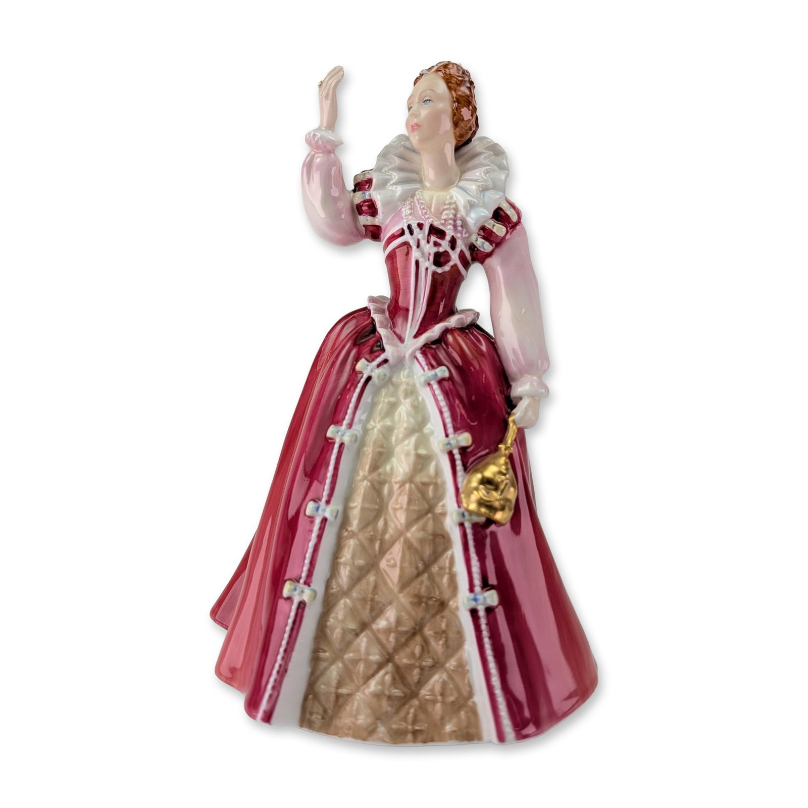 Royal Doulton Queen Elizabeth I Queens of the Realm Porcelain Figurine: Royal Doulton hand-painted bone china figurine depicting Queen Elizabeth I from the Queens of the Realm series. The standing figure is portrayed in a deep magenta gown with a quilted gold-toned front 