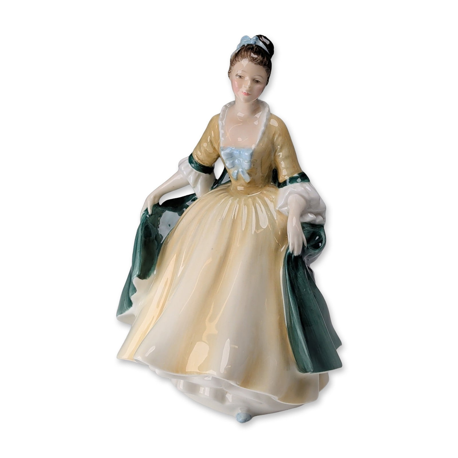 Royal Doulton Elegance Porcelain Figurine HN 2264: Royal Doulton porcelain figurine titled Elegance, model HN 2264, depicting a woman in 18th-century style dress. The figure features a yellow bodice with white ruffled sleeves and a flowing green overs