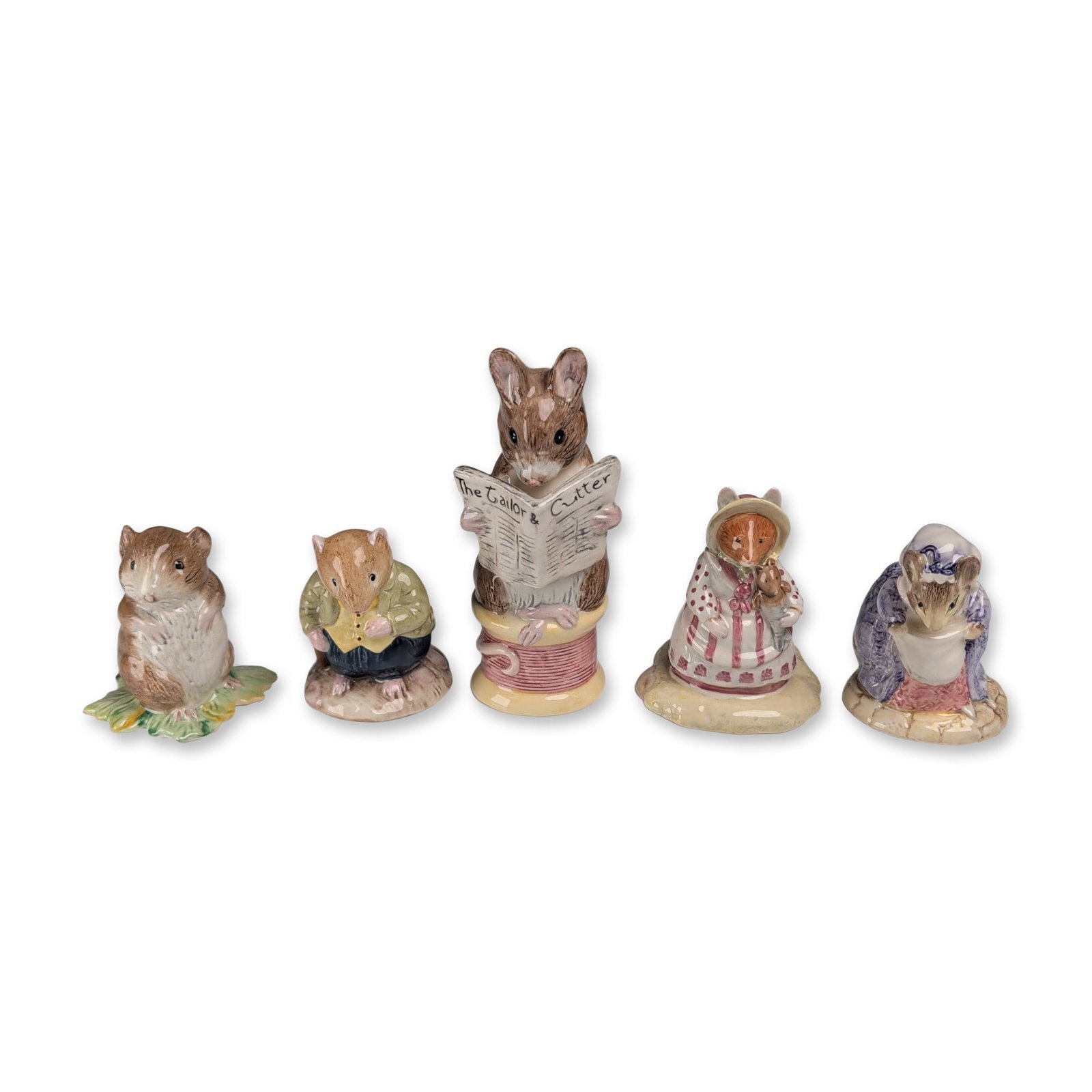 5pc Collection of Royal Albert and Royal Doulton Porcelain Mouse Figurines: A collection of five glazed porcelain mouse figurines featuring characters from Beatrix Potter and Jill Barklem Brambly Hedge stories. The grouping includes Royal Albert figurines of Timmy Willie, The