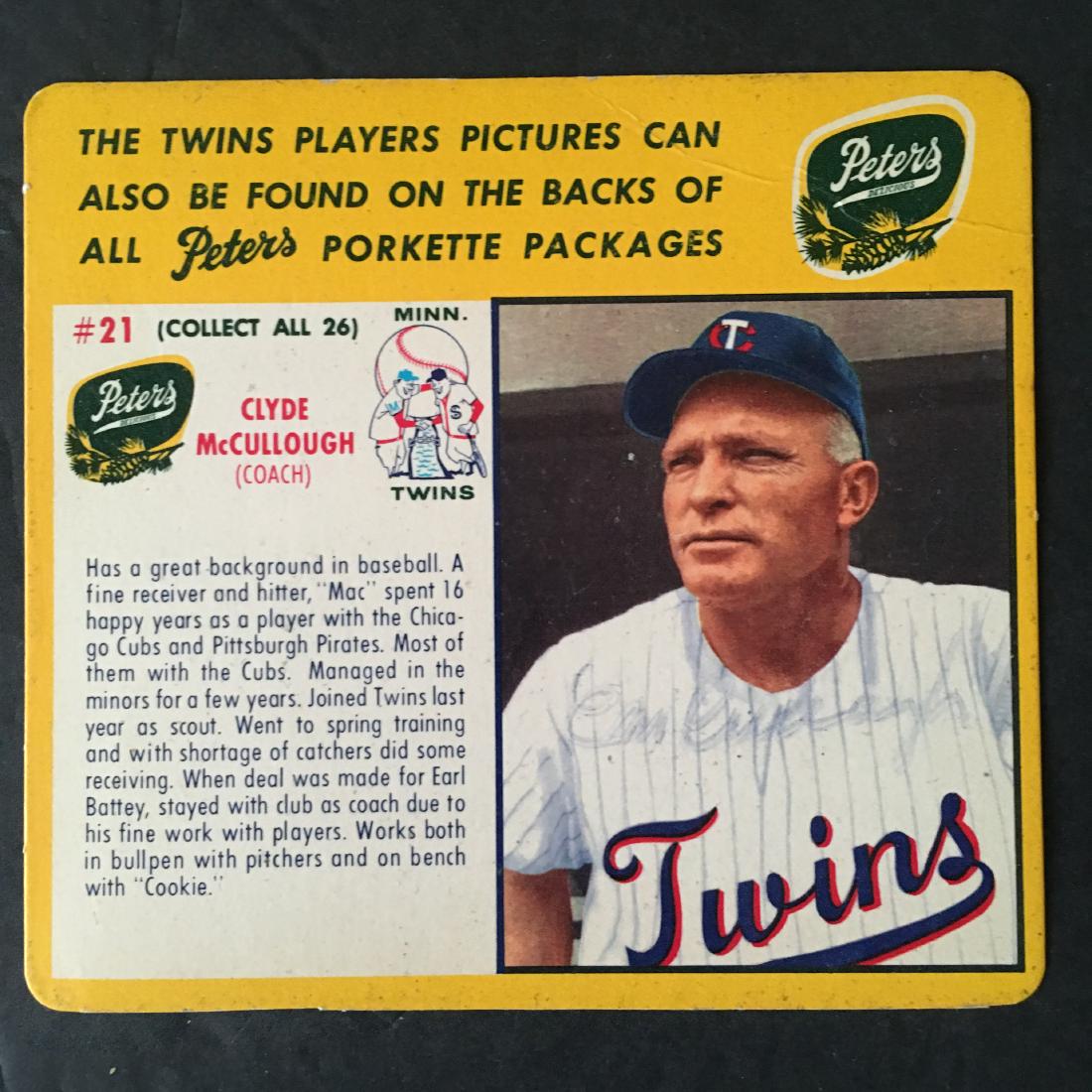 VINTAGE 1961 PETER MEATS BASEBALL CARD CLYDE MCCULLOUGH (1 of 2)
