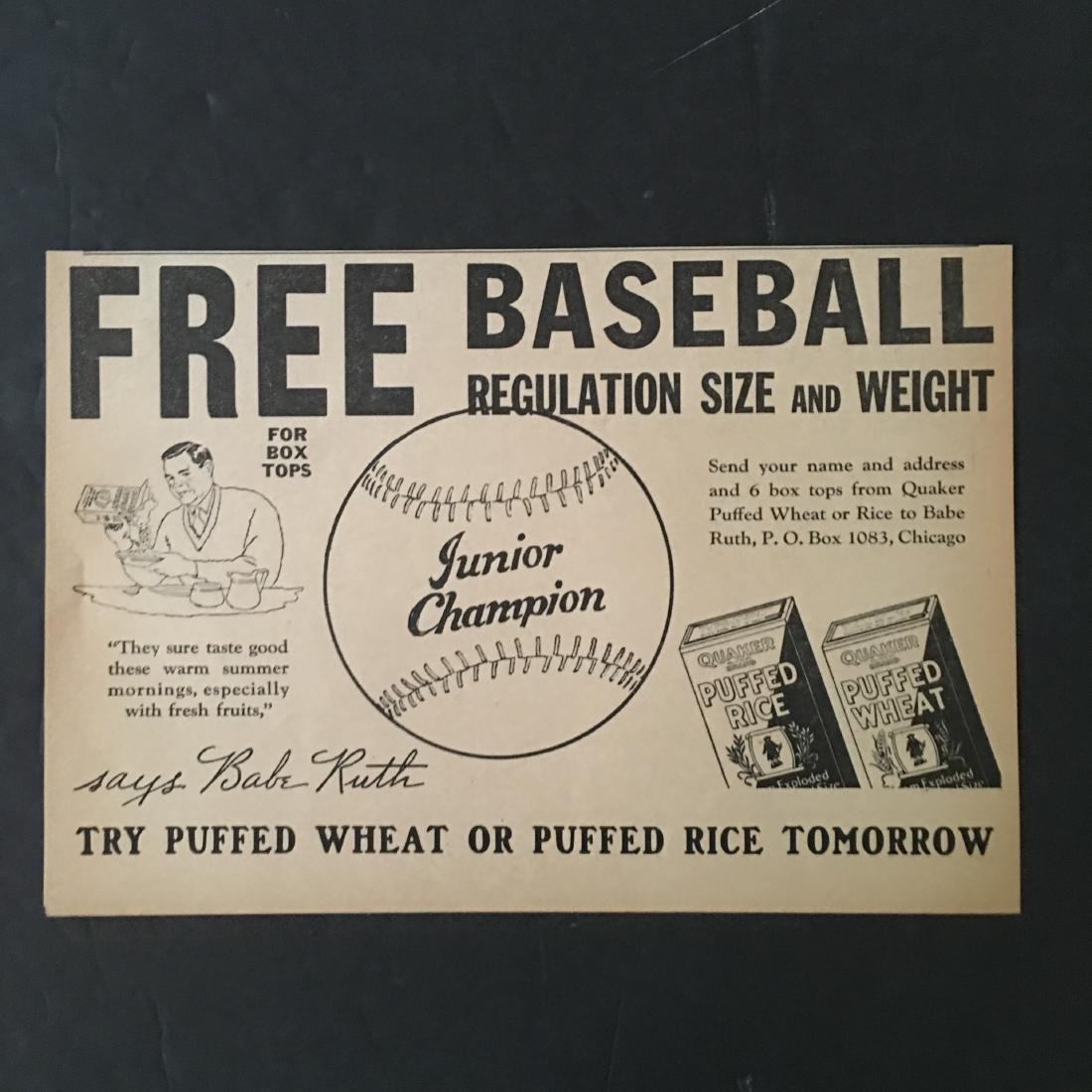 ORIGINAL VINTAGE 30'S/40'S BABE RUTH QUAKER BRAND: ORIGINAL VINTAGE 30'S/40'S BABE RUTH QUAKER BRAND NEWSPAPER ADVERTISEMENT FREE BASEBALL OFFER