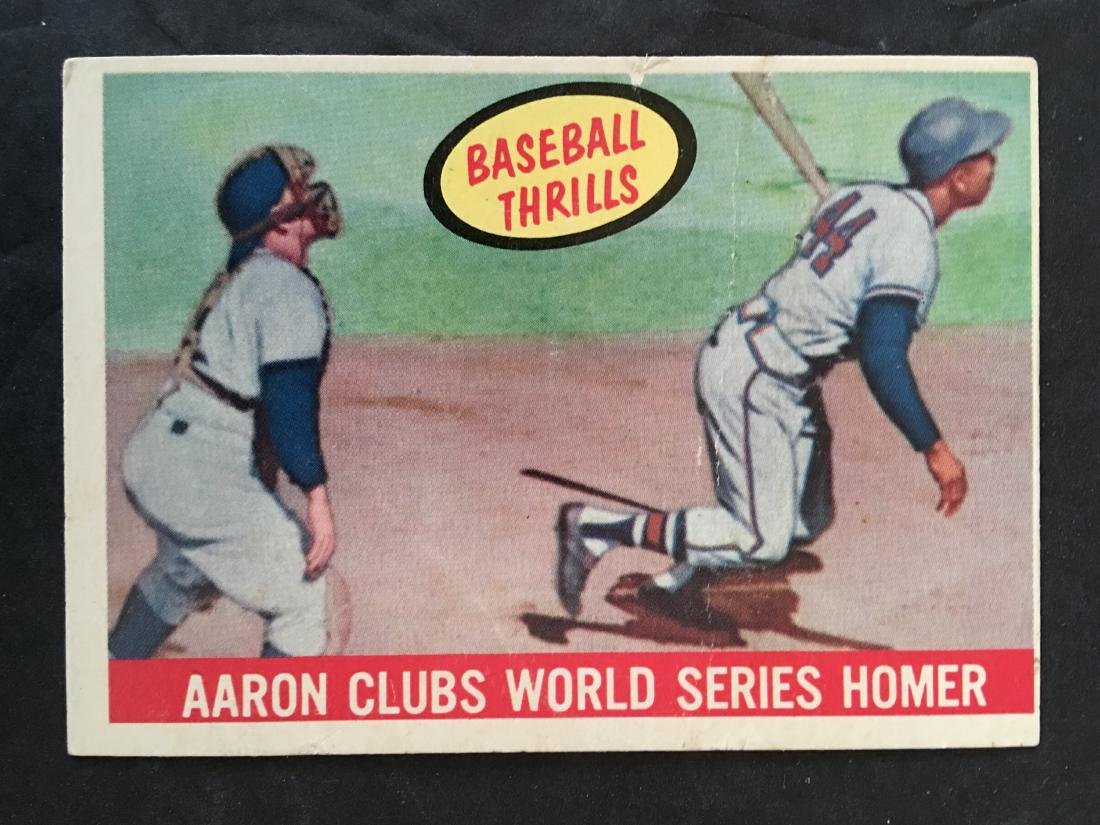 1959 TOPPS HANK AARON BASEBALL CARD #467: 1959 TOPPS AARON CLUBS WORLD SERIES HOMER #467