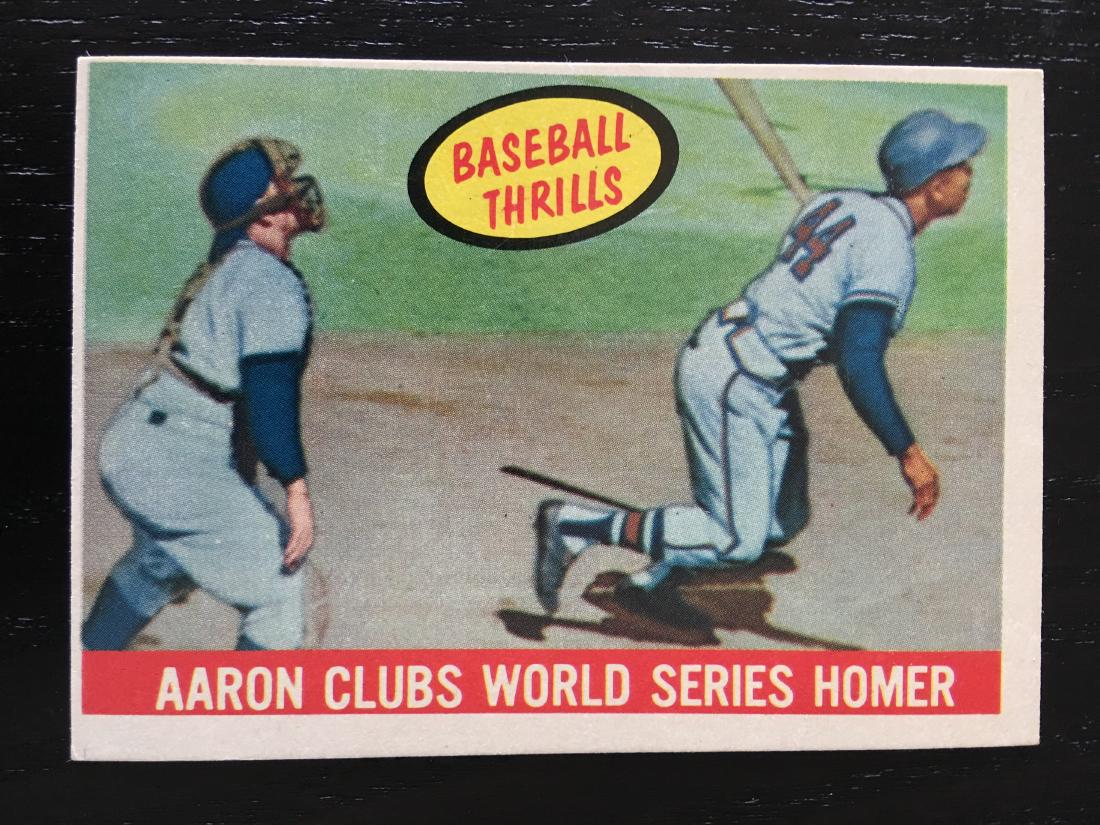 1959 TOPPS BASEBALL CARD HANK AARON #487: 1959 TOPPS BASEBALL CARD AARON CLUBS WORLD SERIES HOMER #487 BV $40