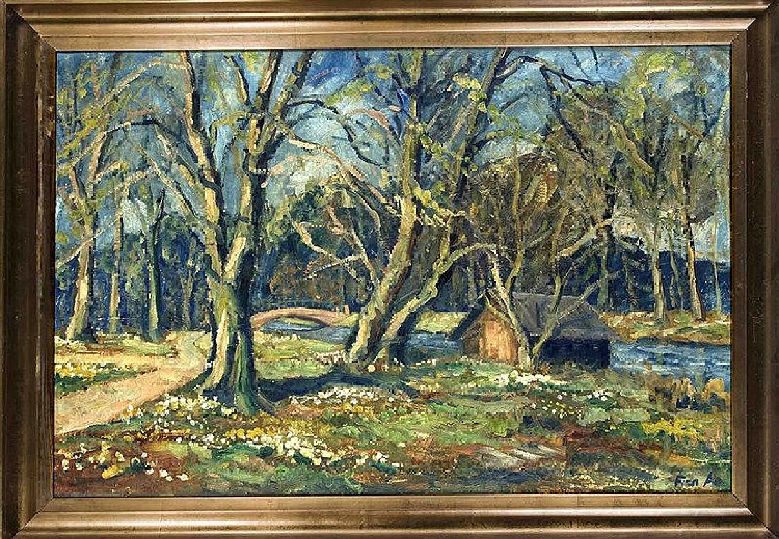 Finn Andersen (1909-1987), dänischer Maler, expressives: Finn Andersen (1909-1987), dänischer Maler, expressives Waldstück mit Hütte und Brücke, Öl auf Lwd., u. re. sign. 'Finn An.', 75 x 105 cm, ger. 85 x 115 cm Notes: Gemälde-Grafik 19.-20. Jhd.