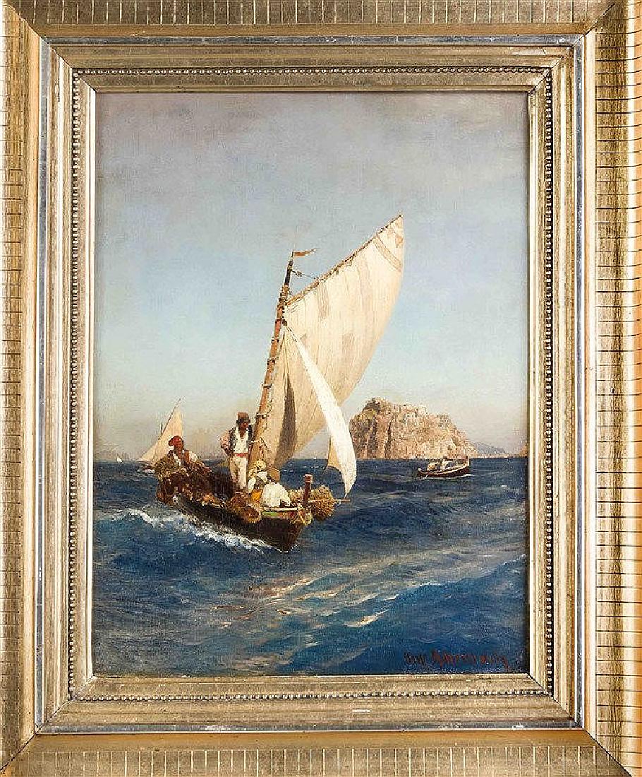 Oswald Achenbach (1827-1905), Italienische Fischer vor: Oswald Achenbach (1827-1905), Italienische Fischer vor der Küste, Blick auf kleine Fischerboote vor einer Insel, wohl Castello Aragonese bei Ischia. Für den Maler wurde eine Reise 1850 nach Italien