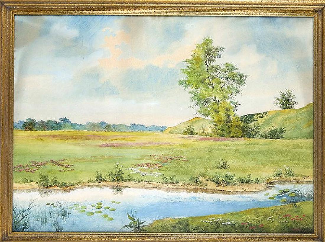 Wilhelm Kimbel (1868-1965), Landschaftsidyll mit Teich: Wilhelm Kimbel (1868-1965), Landschaftsidyll mit Teich im Vordergrund, großes Aquarell auf Papier, u. re. sign.. hinter Glas ger. 83 x 112 cm Notes: Gemälde-Grafik 19.-20. Jhd.
