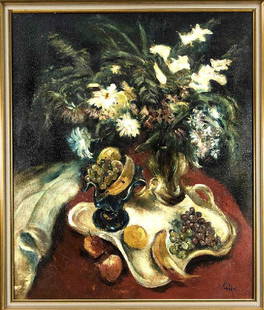 Paul Kuhfuss (1883-1960), Stillleben mit Blumen und: Paul Kuhfuss (1883-1960), Stillleben mit Blumen und Tablett, Öl auf Sperrholz, u. re. signiert und datiert 1921, aus dem Nachlass des Dresdner Kunsthistorikers Werner Schmidt, 90 x 76 cm, ger. 97 x 8