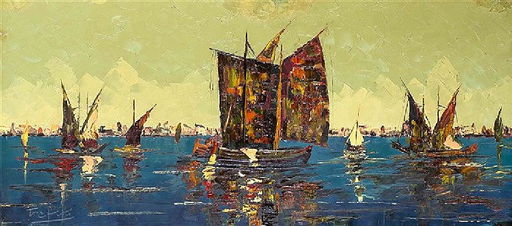 Drei Segelboote Sonnenuntergang Segelschiff Segelboot Malerei