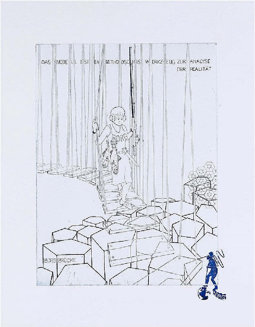 Konvolut von drei großen, zeitgenössischen Grafiken,: Konvolut von drei großen, zeitgenössischen Grafiken, Adrian Schiess (*1959), informelle Komposition in Ocker, verso sign. u. dat. 2005, Inga Svala Thorsdottir (*1966), ''Borg Brücke'', Radierung, u