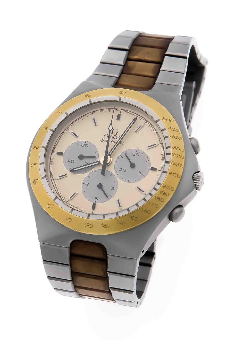 Omega Speedmaster Herrenarmbanduhr Titan teilweise: Omega Speedmaster Herrenarmbanduhr Titan teilweise vergoldet, Handaufzug, mit Stoppfunktion, Nr. 861, goldenes Zifferblatt, läuft, Armband mit Faltschließe, Titan teilweise vergoldet, D. 42 mm, 124,