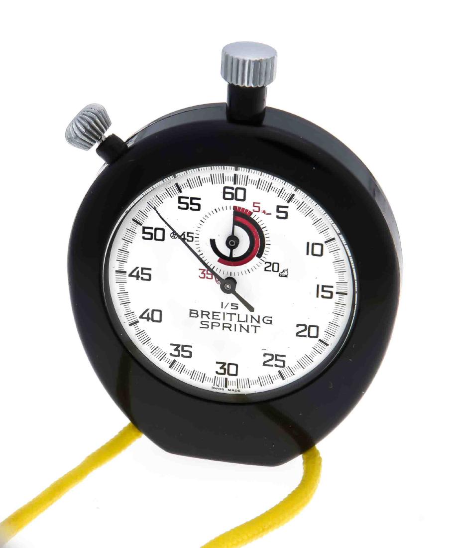 Breitling Stoppuhr Sprint 1/5 um 1970, Kunststoff,: Breitling Stoppuhr Sprint 1/5 um 1970, Kunststoff, Breitling Watch Ltd. Werk 411, läuft, D. 60 mm, 86,4 g, mit Kordel in Originalbox
