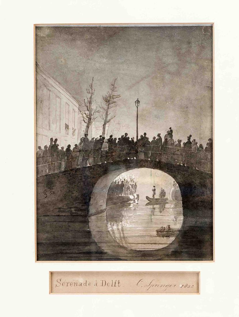 Cornelis Springer (1817-1891), Sérenade à Delft,: Cornelis Springer (1817-1891), Sérenade à Delft, Grisaille Aquarell, 1852, Aquarell und braune Tinte auf Bütten, monogrammiert und datiert "CS 52" Mitte links, kleine Läsur in der o. li. Ecke sowi