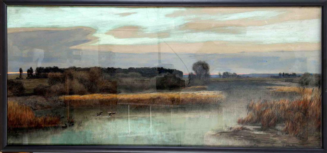 Wilhelm Jakob Hertling (1849-1926), auffliegende Enten: Wilhelm Jakob Hertling (1849-1926), auffliegende Enten über dem Moor am Morgen, Pastellkreide auf Papier, u. re. sign. "Hertling", 40 x 88 cm, hinter Glas ger. 44 x 92 cm