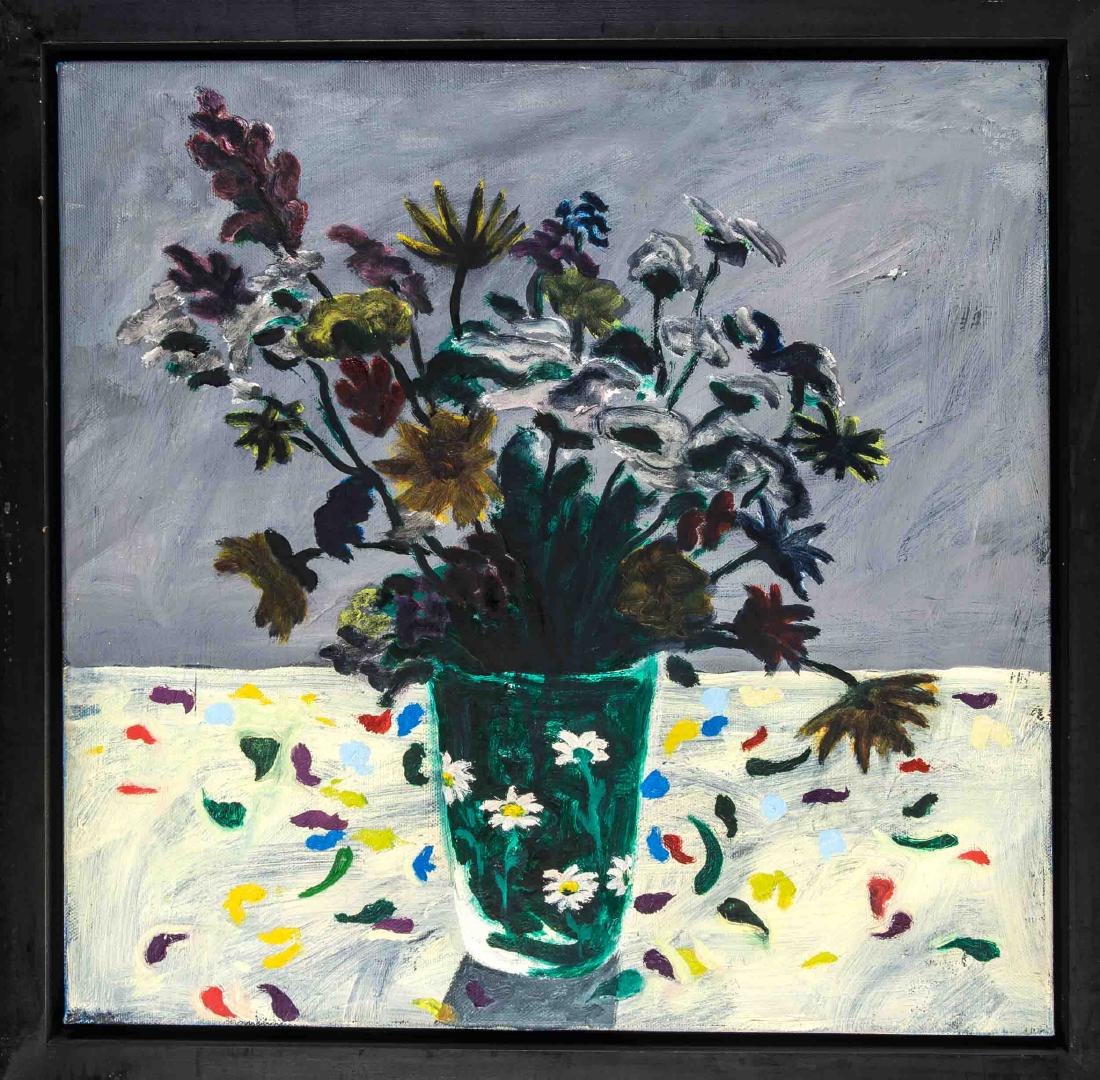 Dieter Hacker (*1942), deutscher Künstler und Vertreter: Dieter Hacker (*1942), deutscher Künstler und Vertreter der Neuen Wilden, "Schwarze Blumen", Öl/Lwd., verso sign., bez. u. dat. 1993, diverse Etiketten, 60 x 60 cm, ger. 68 x 68 cm