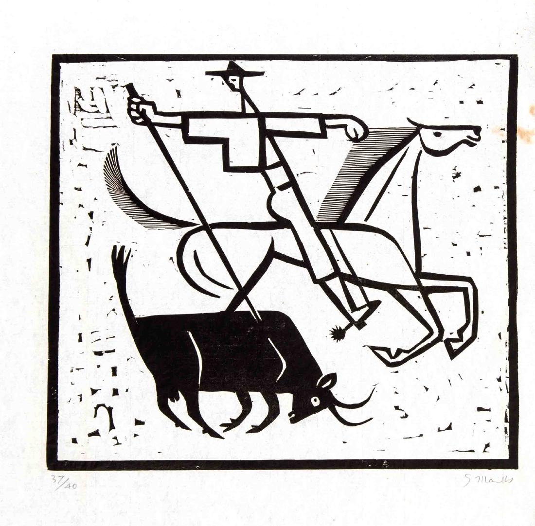 Gerhard Marcks (1881-1981), Stierkampf, Holzschnitt auf: Gerhard Marcks (1881-1981), Stierkampf, Holzschnitt auf Japan, u. re. handsign., u. li. num. Ex. 37/40, Fleck a, re. Rand, schwache Knickspur am u. Rand, 32 x 35,5 cm, Blattmaße 42 x 44 cm